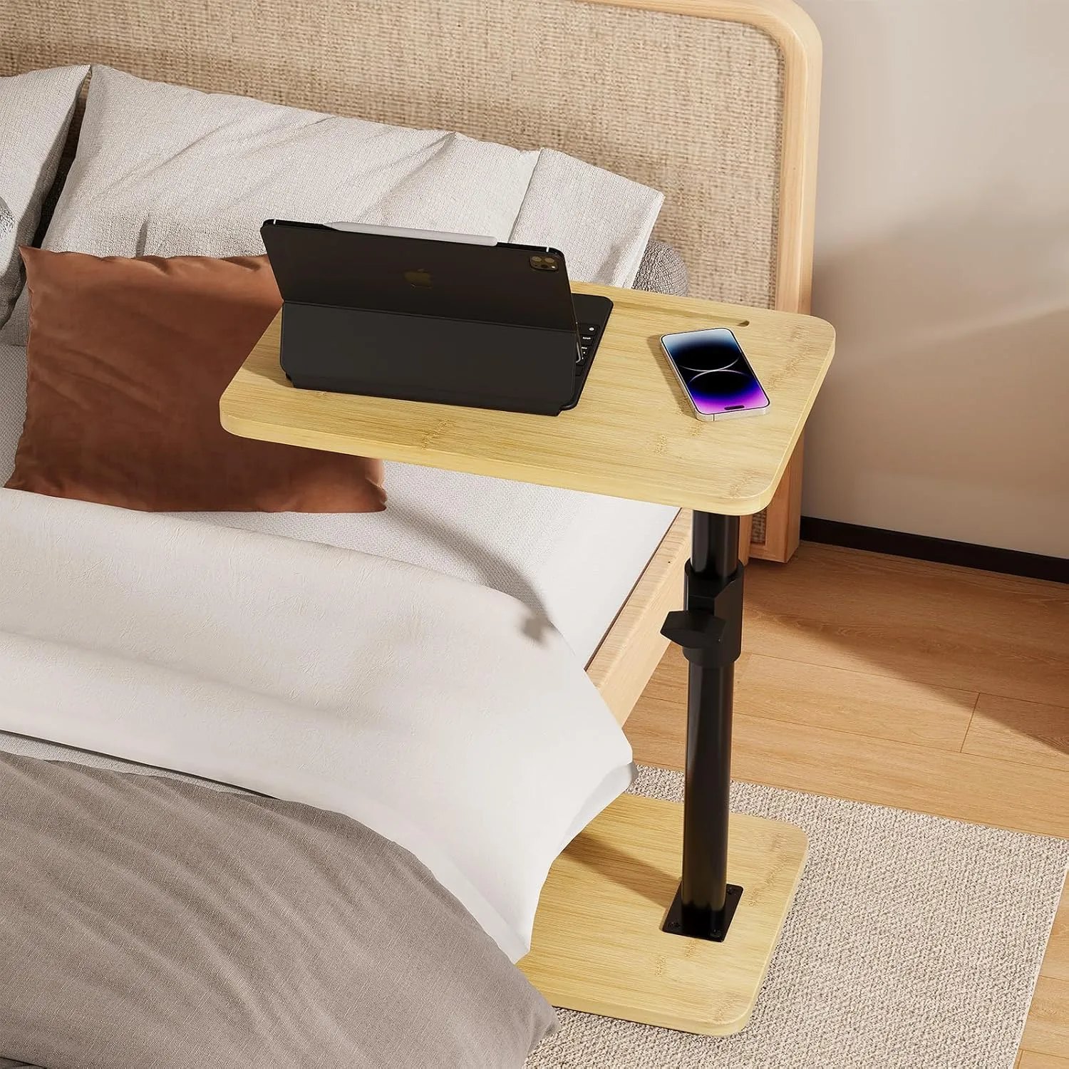 Sofa Armrest Tray Table - 360° Bamboo Swivel TV Trays - Height Adjustable Side Table for Bed or Chair with Phone and Tablet Slots - End Tables for Small Spaces