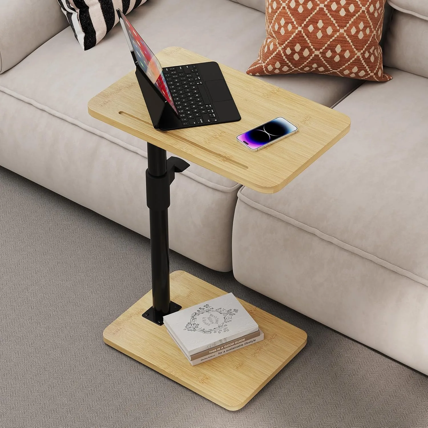Sofa Armrest Tray Table - 360° Bamboo Swivel TV Trays - Height Adjustable Side Table for Bed or Chair with Phone and Tablet Slots - End Tables for Small Spaces