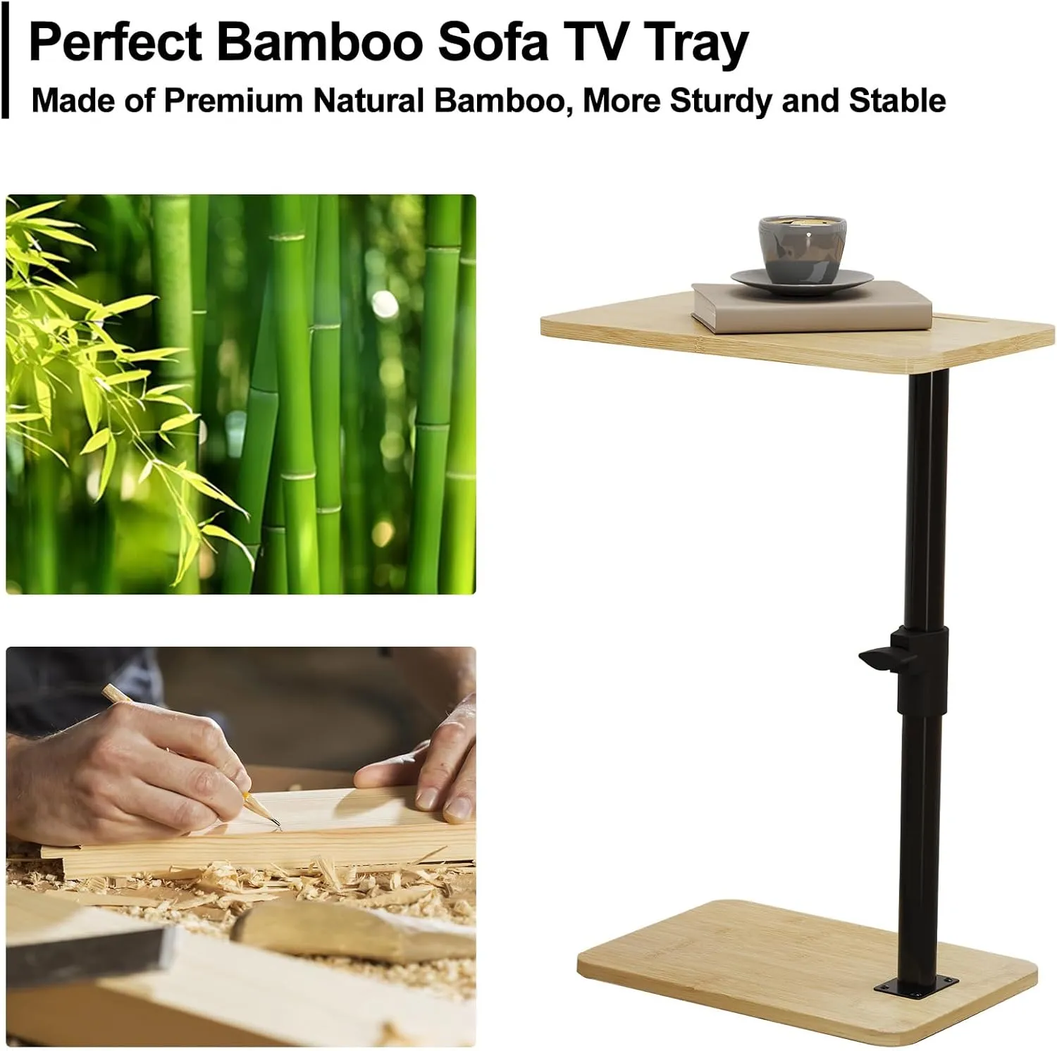 Sofa Armrest Tray Table - 360° Bamboo Swivel TV Trays - Height Adjustable Side Table for Bed or Chair with Phone and Tablet Slots - End Tables for Small Spaces