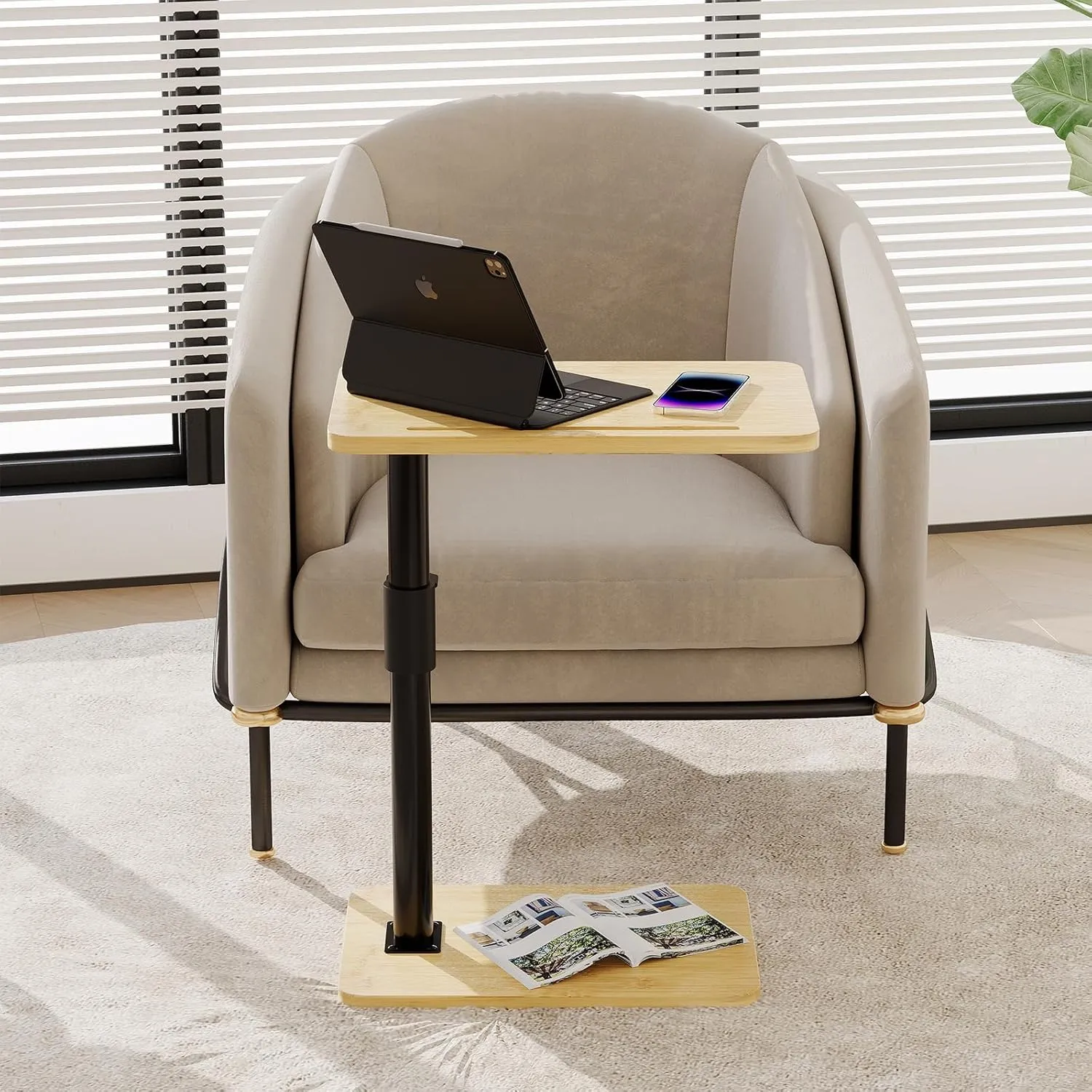 Sofa Armrest Tray Table - 360° Bamboo Swivel TV Trays - Height Adjustable Side Table for Bed or Chair with Phone and Tablet Slots - End Tables for Small Spaces