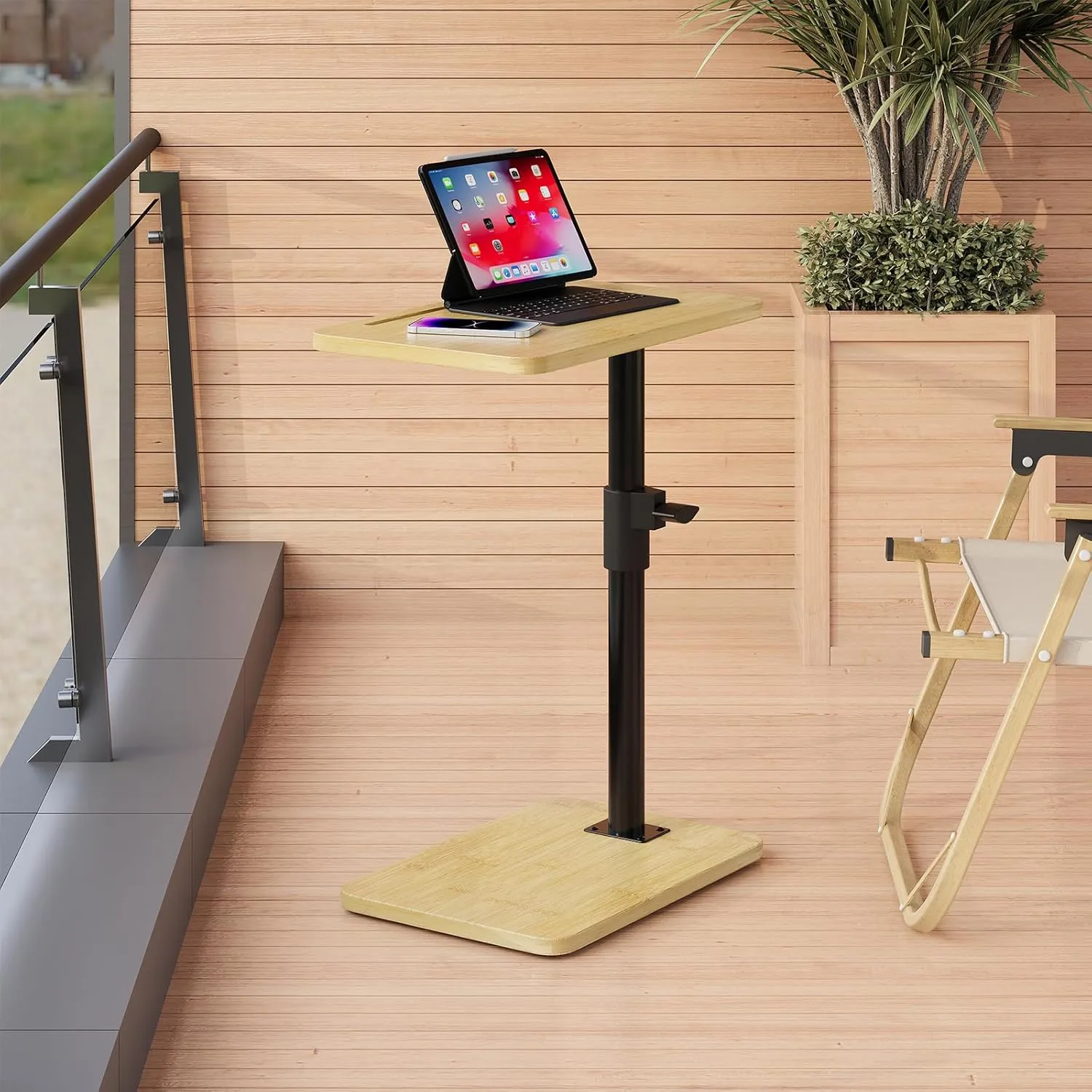 Sofa Armrest Tray Table - 360° Bamboo Swivel TV Trays - Height Adjustable Side Table for Bed or Chair with Phone and Tablet Slots - End Tables for Small Spaces