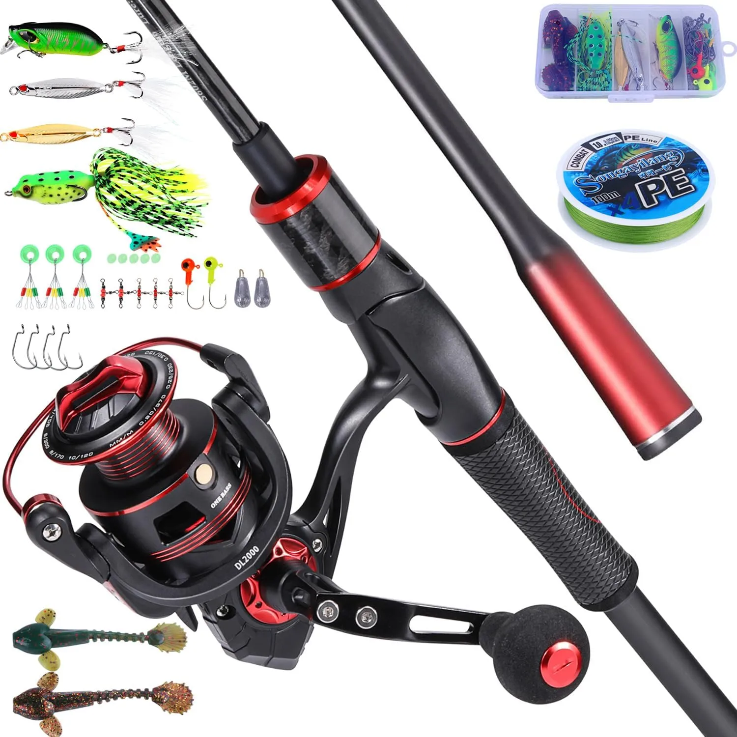 Sougayilang Spinning Reel and Fishing Rod Combo, 2-Piece Medium Durable Graphite Blank Rod, High Carbon One-Piece Grip,Size 2000 Reel