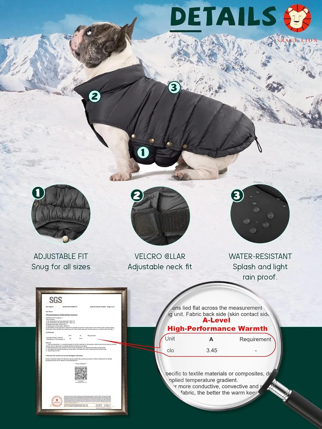 SPACE LION Dog Puffer Jacket, Down Winter Coat, Waterproof, Windproof, Lightweight Jacket, Adjustable Fit Coat for Medium Dogs(Black,XL)