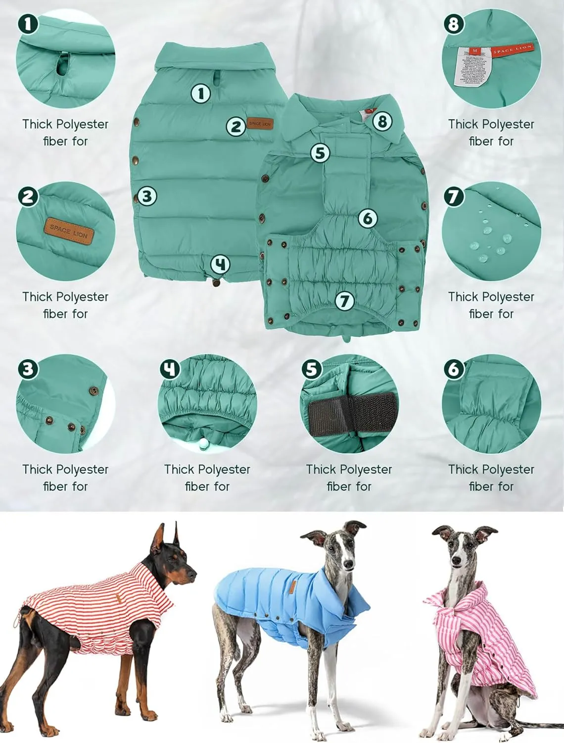 SPACE LION Puffer Jacket, Down Winter Coat, Waterproof, Windproof, Lightweight Jacket, Adjustable Fit for Small, Medium, Large Dogs (Green, XS)