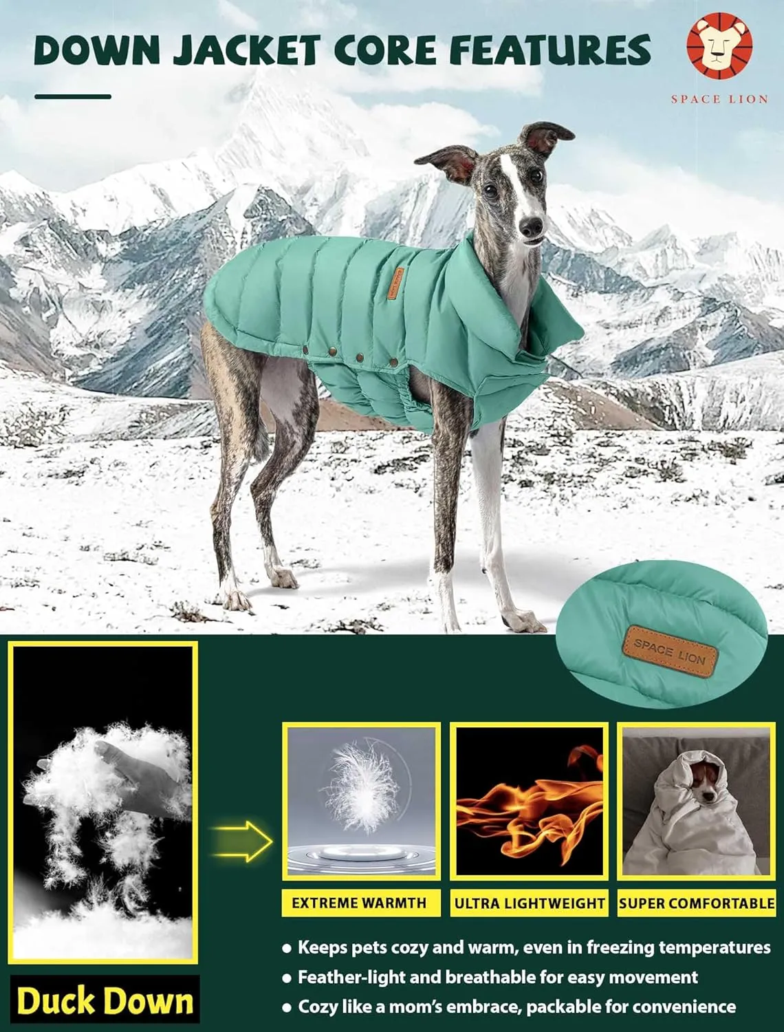 SPACE LION Puffer Jacket, Down Winter Coat, Waterproof, Windproof, Lightweight Jacket, Adjustable Fit for Small, Medium, Large Dogs (Green, XS)