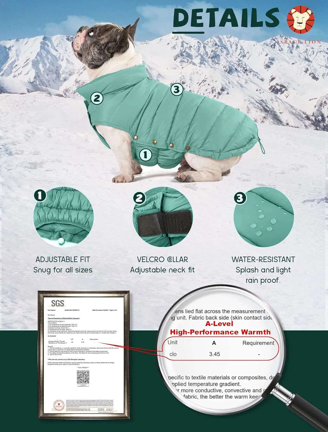 SPACE LION Puffer Jacket, Down Winter Coat, Waterproof, Windproof, Lightweight Jacket, Adjustable Fit for Small, Medium, Large Dogs (Green, XS)
