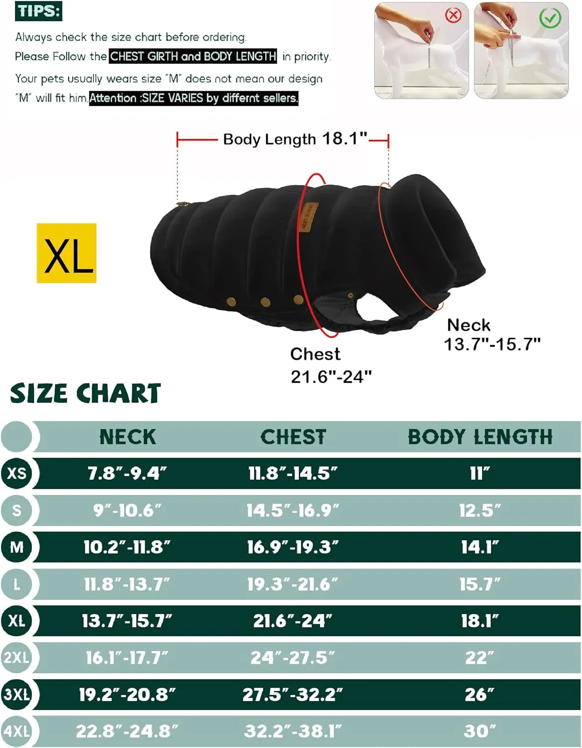 SPACE LION Puffer Jacket, Down Winter Coat, Waterproof, Windproof, Lightweight Jacket, Adjustable Fit for Small, Medium, Large Dogs (Khaki, XL)