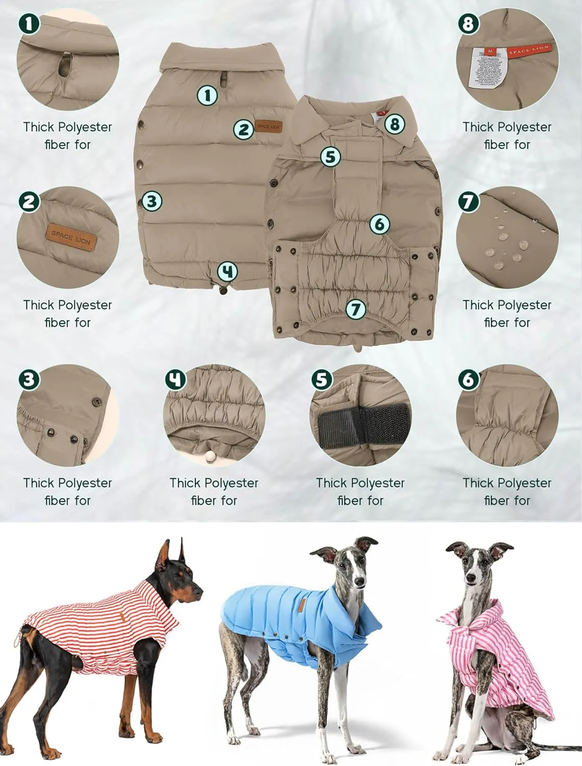 SPACE LION Puffer Jacket, Down Winter Coat, Waterproof, Windproof, Lightweight Jacket, Adjustable Fit for Small, Medium, Large Dogs (Khaki, XL)