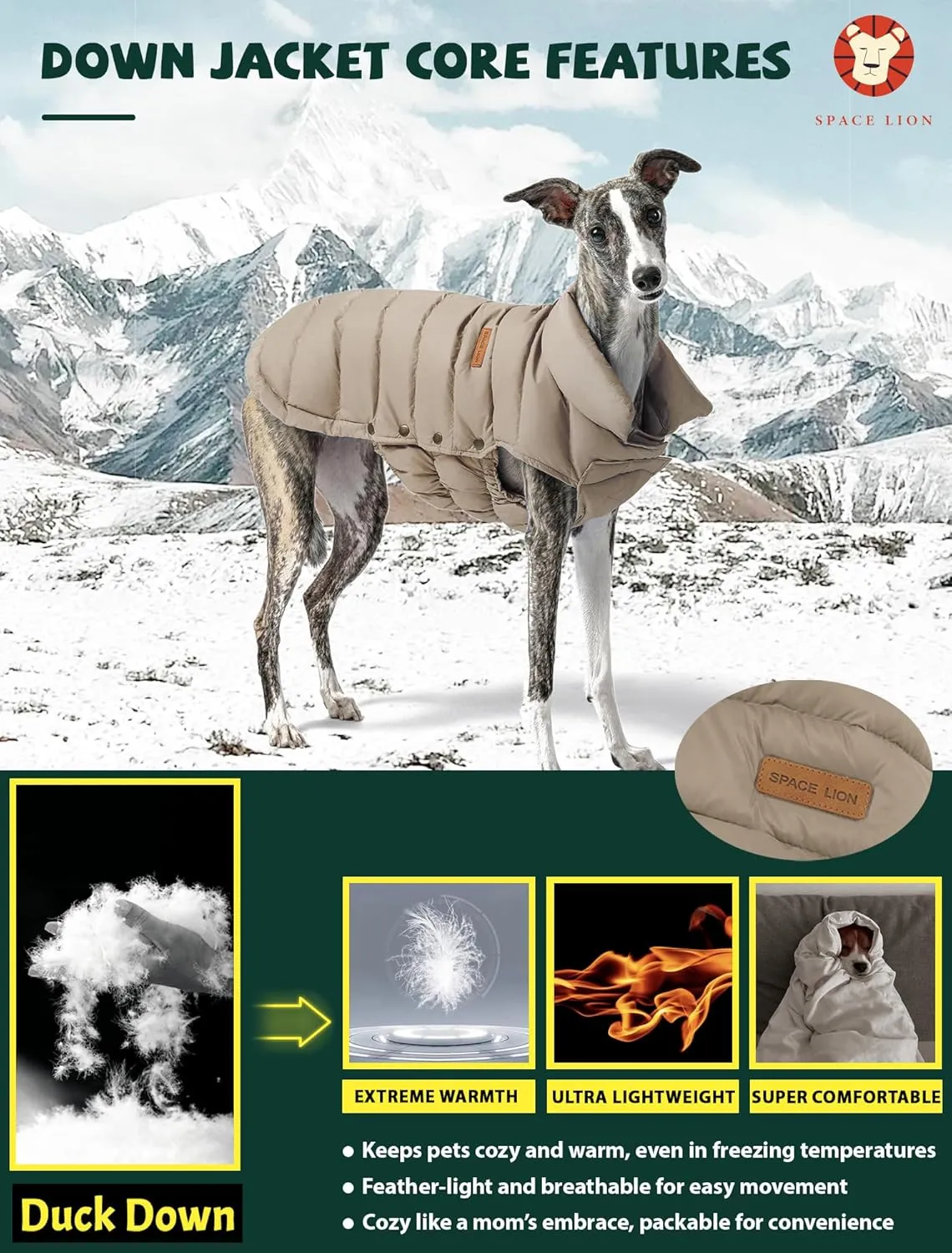 SPACE LION Puffer Jacket, Down Winter Coat, Waterproof, Windproof, Lightweight Jacket, Adjustable Fit for Small, Medium, Large Dogs (Khaki, XL)