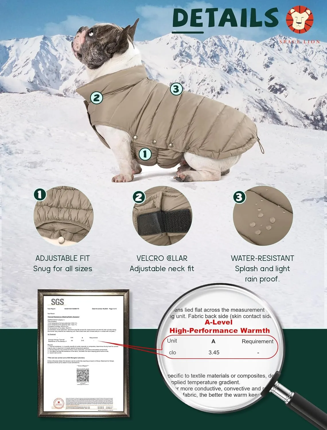 SPACE LION Puffer Jacket, Down Winter Coat, Waterproof, Windproof, Lightweight Jacket, Adjustable Fit for Small, Medium, Large Dogs (Khaki, XL)