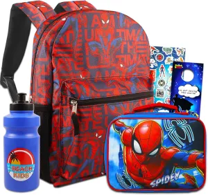 Spider-Man Marvel Backpack & Lunchbox for Boys - Bundle with 16" Avengers Backpack & Lunchbox Plus Water Bottle, Stickers, More | Spiderman School Bag for Kids