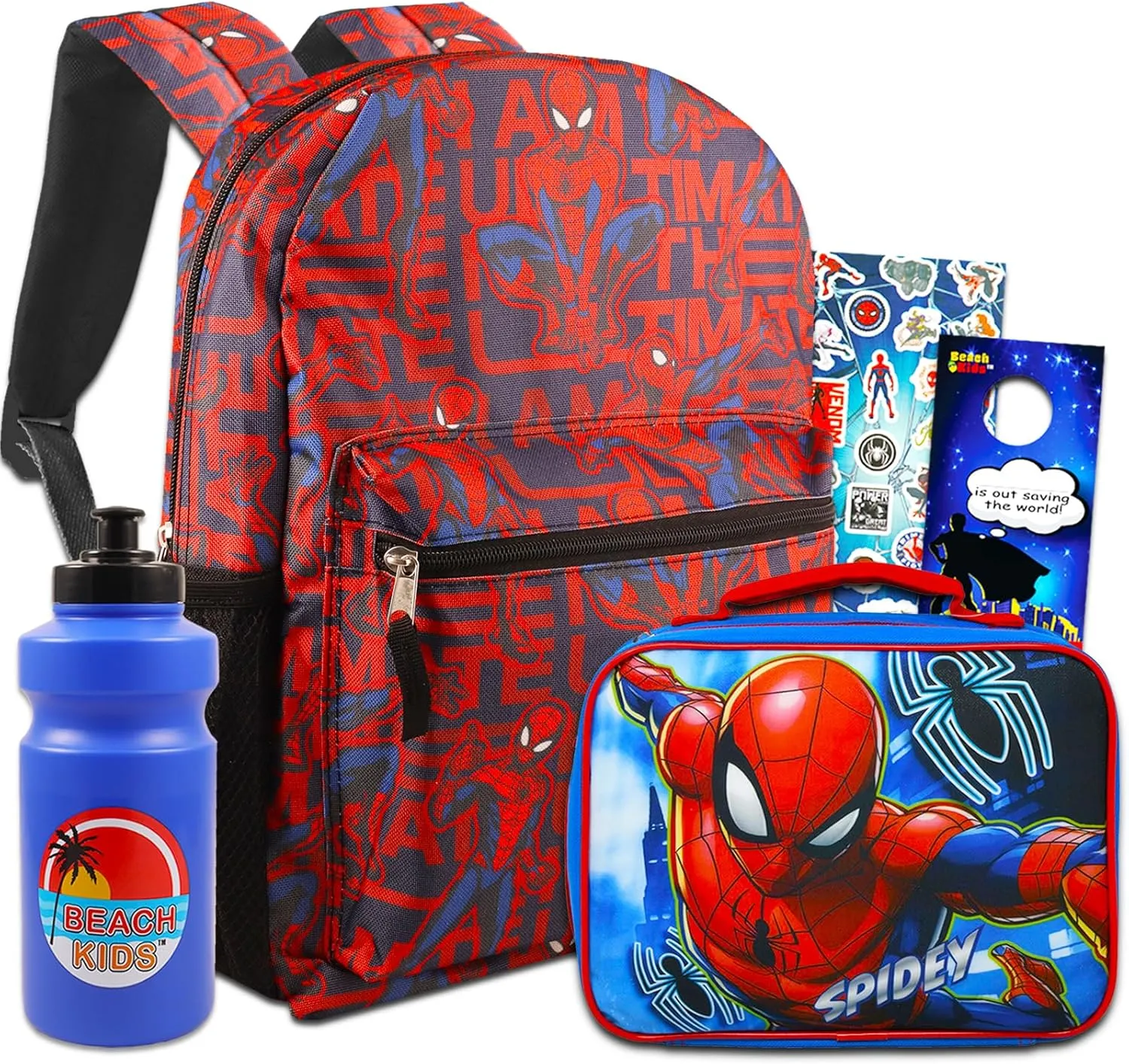 Spider-Man Marvel Backpack & Lunchbox for Boys - Bundle with 16" Avengers Backpack & Lunchbox Plus Water Bottle, Stickers, More | Spiderman School Bag for Kids