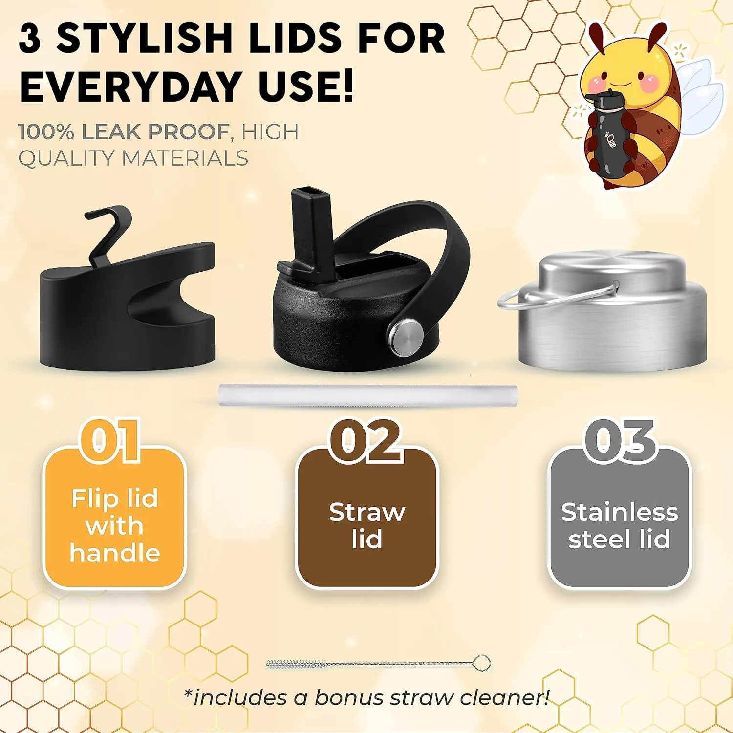 Sports Water Bottle - 32 Oz, 3 Lids (With straw), 50 Cute Stickers, Vacuum Insulated, 308 Stainless Steel, with a Portion of Sales Supporting Bee Conservation Efforts (Cool Gray)
