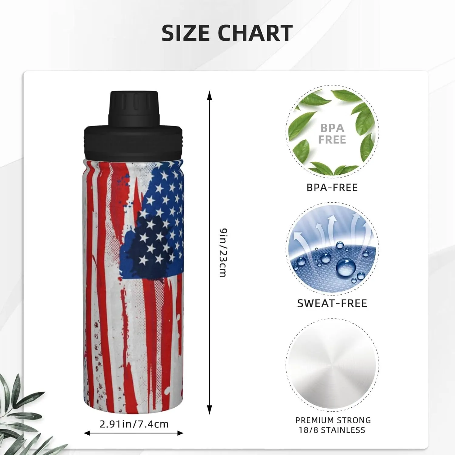 Sports Water Bottle American Flag Insulated Stainless Steel Water Bottles, 18 oz Water Cup Flask for Fitness Outdoor Sports Hiking Cycling