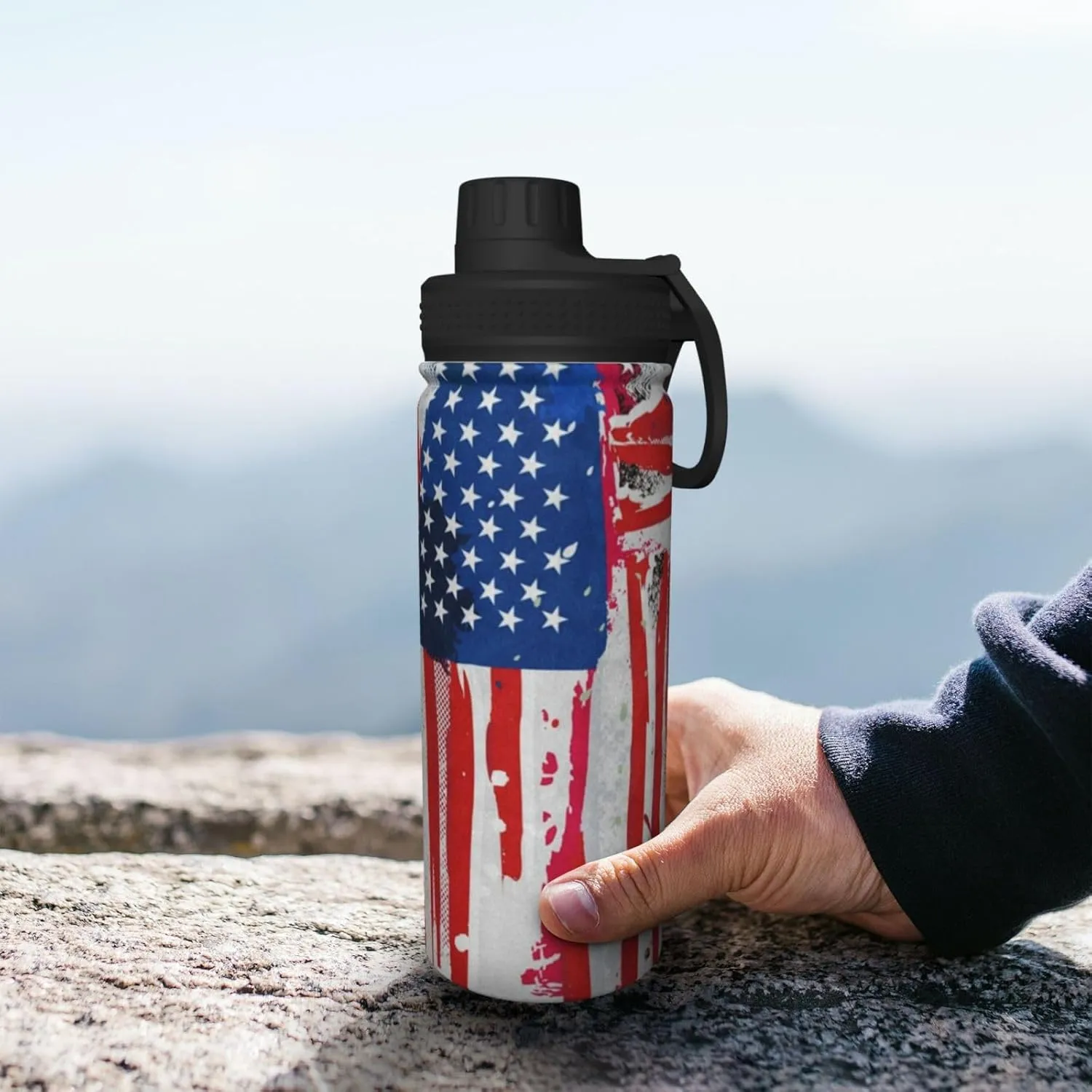 Sports Water Bottle American Flag Insulated Stainless Steel Water Bottles, 18 oz Water Cup Flask for Fitness Outdoor Sports Hiking Cycling