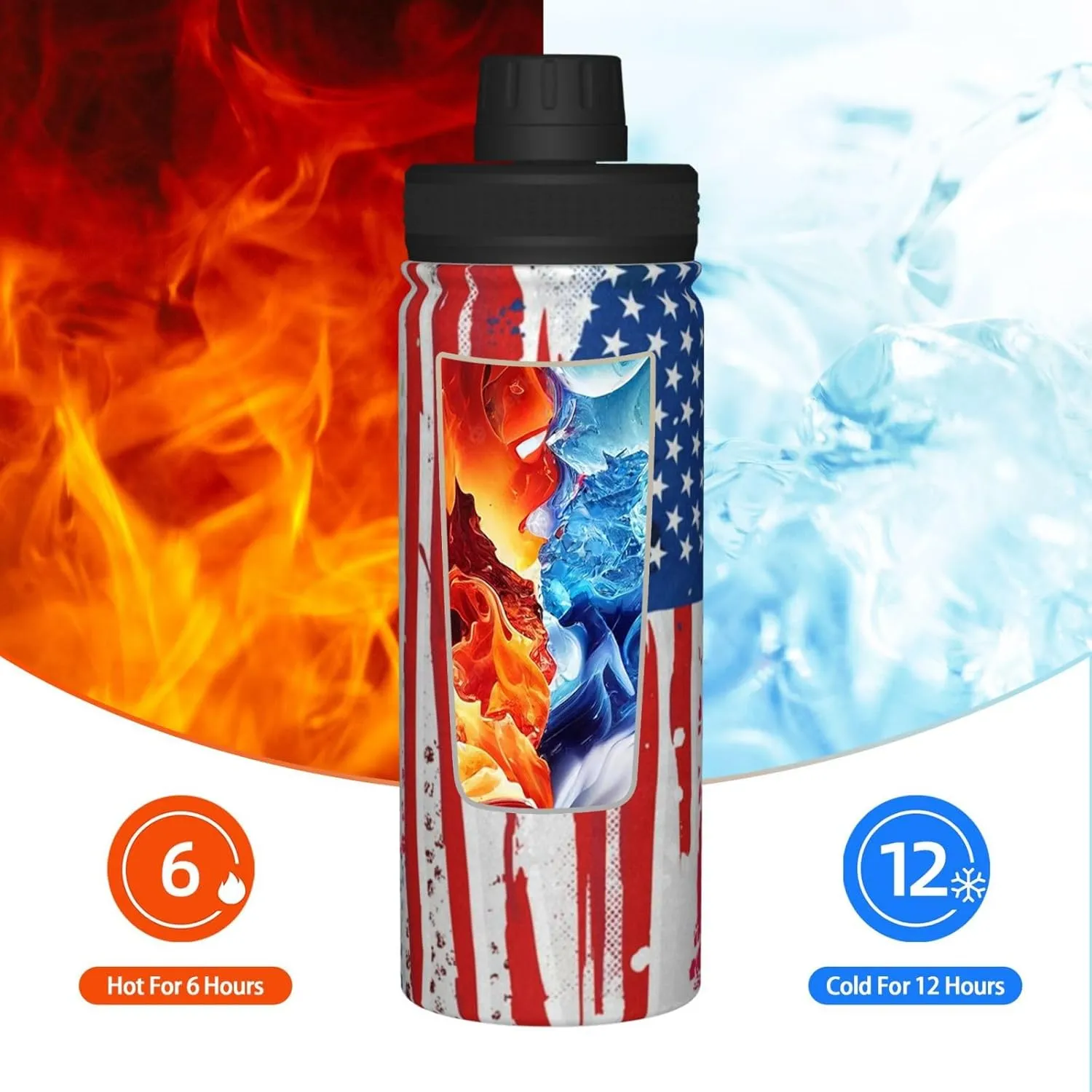 Sports Water Bottle American Flag Insulated Stainless Steel Water Bottles, 18 oz Water Cup Flask for Fitness Outdoor Sports Hiking Cycling