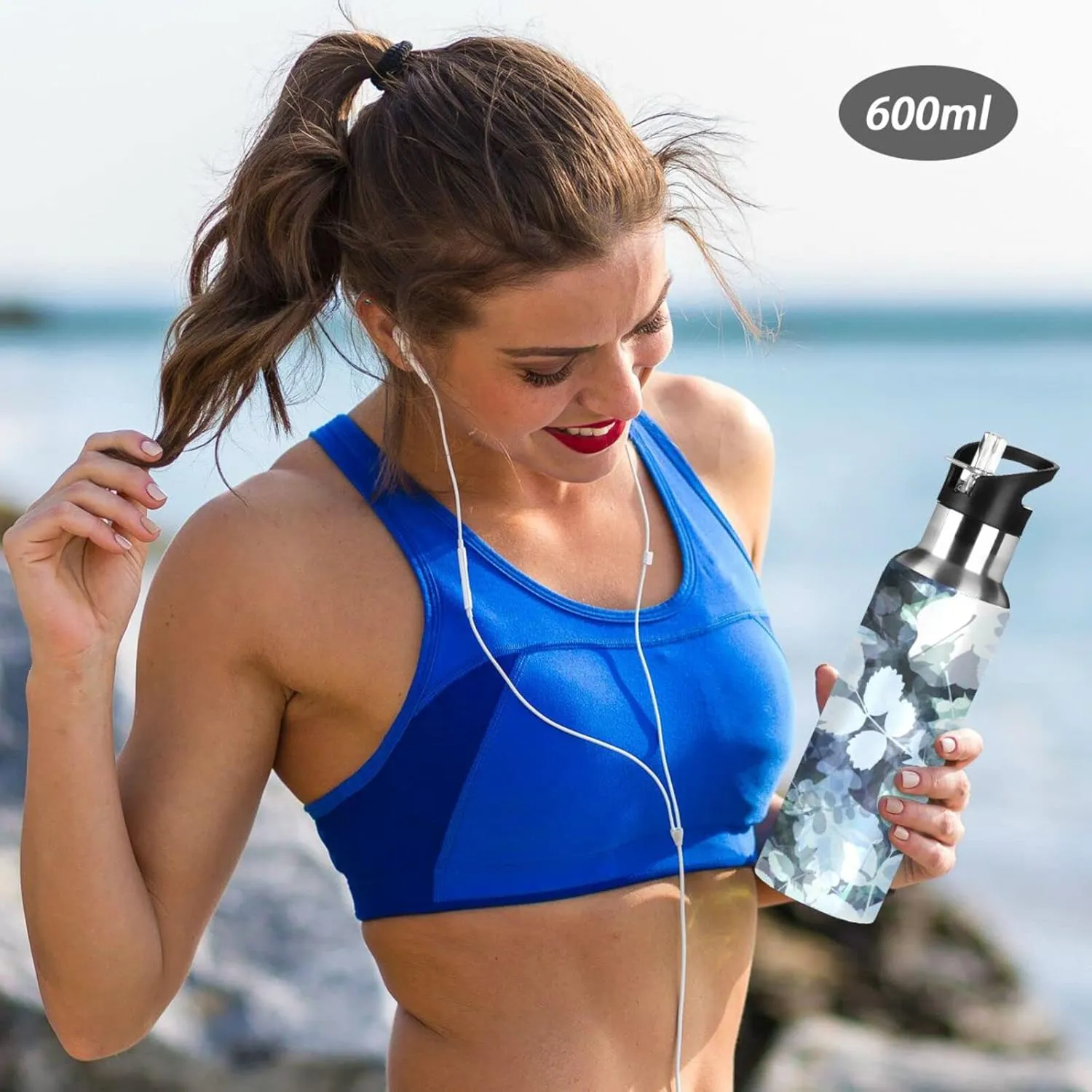 Sports Water Bottle - BPA Free Leakproof Vacuum Abstract Insulated Stainless Steel Water Jug, Thermo Bottle with Straw Lid for Gym, Kitchen, Working, Outdoor Sport， Blue Plants