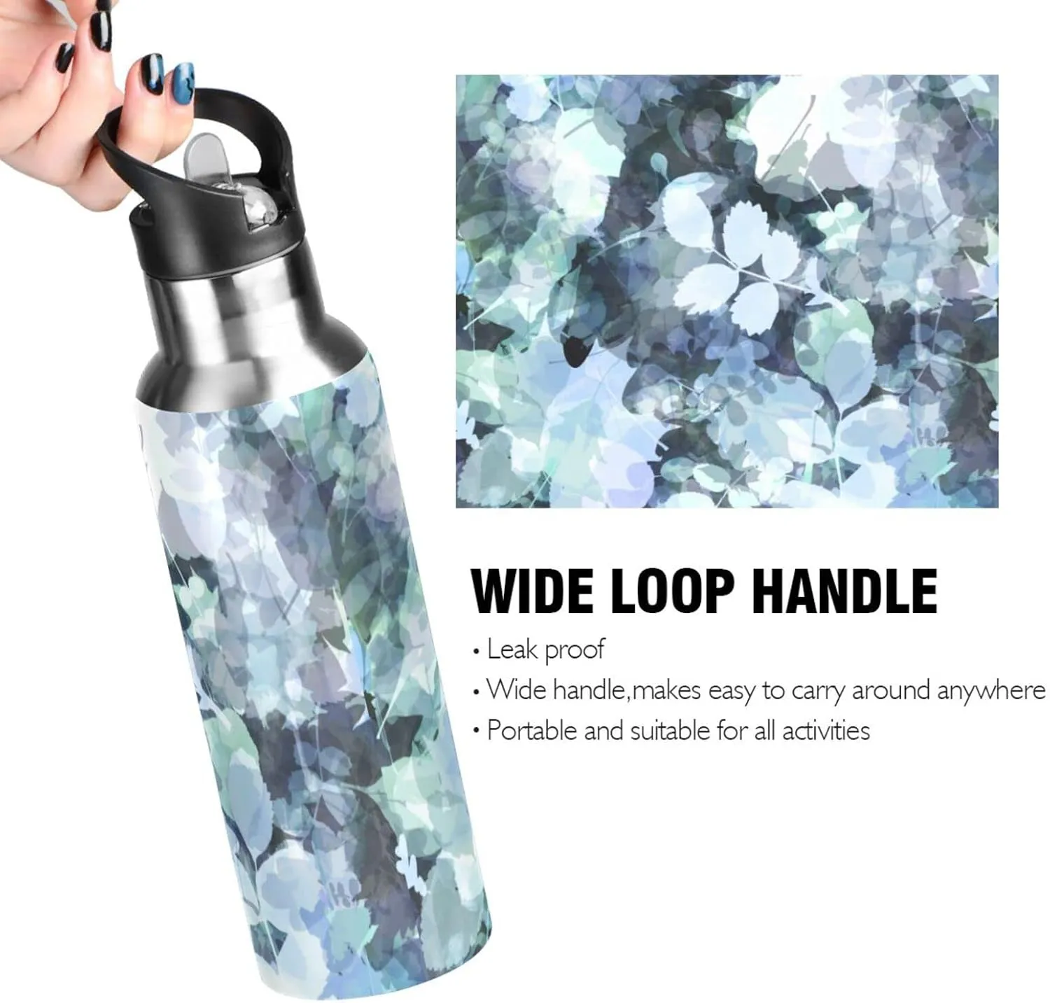 Sports Water Bottle - BPA Free Leakproof Vacuum Abstract Insulated Stainless Steel Water Jug, Thermo Bottle with Straw Lid for Gym, Kitchen, Working, Outdoor Sport， Blue Plants