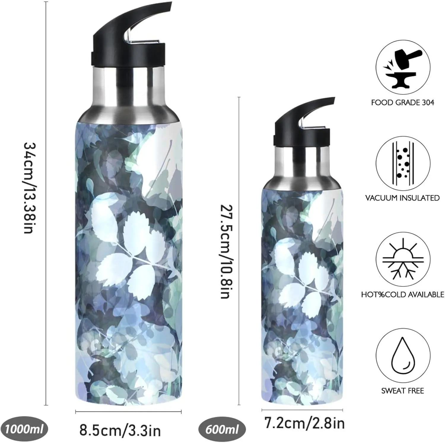 Sports Water Bottle - BPA Free Leakproof Vacuum Abstract Insulated Stainless Steel Water Jug, Thermo Bottle with Straw Lid for Gym, Kitchen, Working, Outdoor Sport， Blue Plants