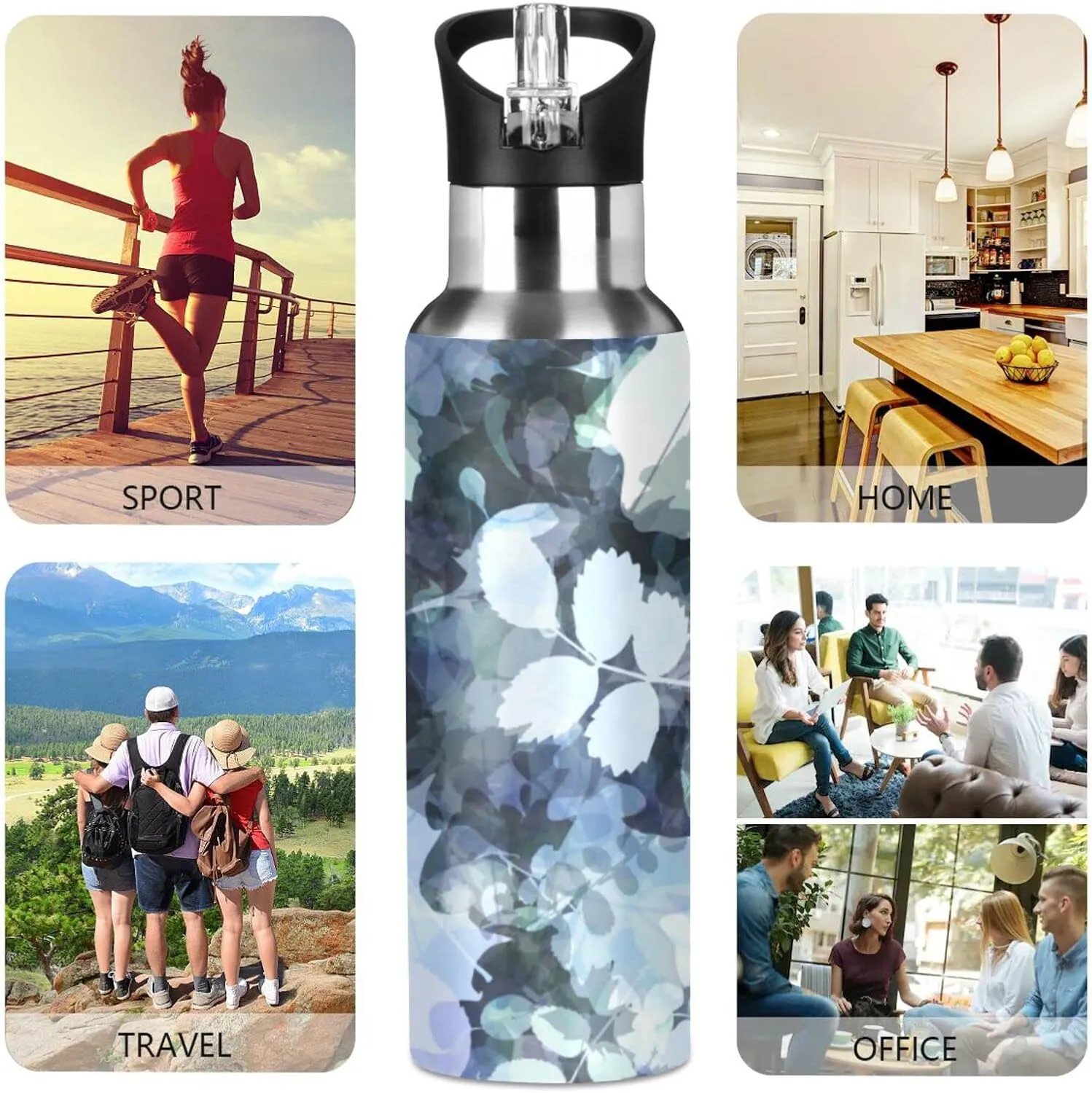 Sports Water Bottle - BPA Free Leakproof Vacuum Abstract Insulated Stainless Steel Water Jug, Thermo Bottle with Straw Lid for Gym, Kitchen, Working, Outdoor Sport， Blue Plants