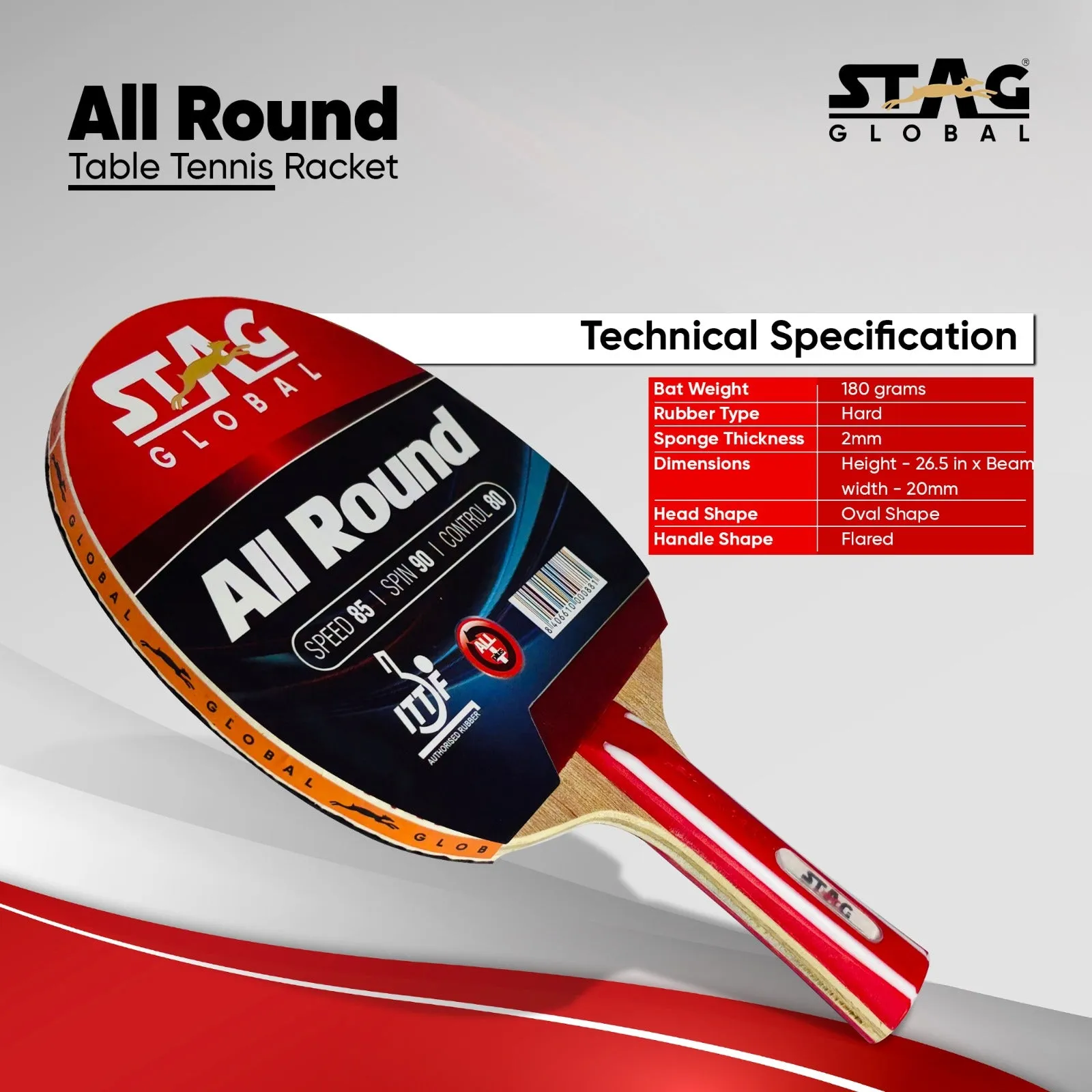 Stag Global All Round Table Tennis Racket – ITTF Approved Rubber | 174g Lightweight Paddle for Control & Spin