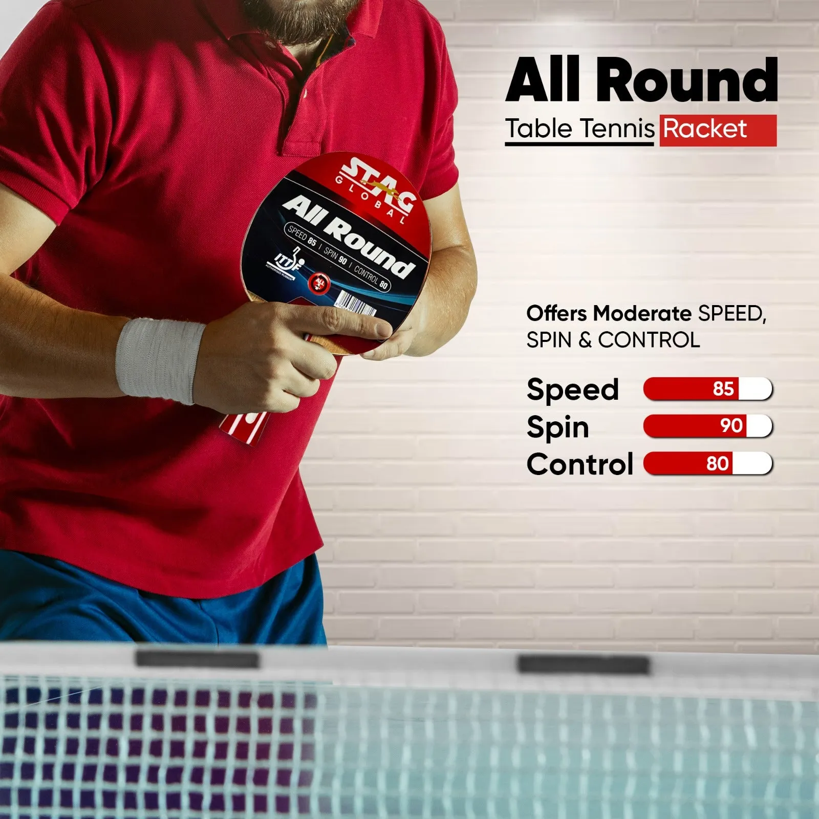 Stag Global All Round Table Tennis Racket – ITTF Approved Rubber | 174g Lightweight Paddle for Control & Spin
