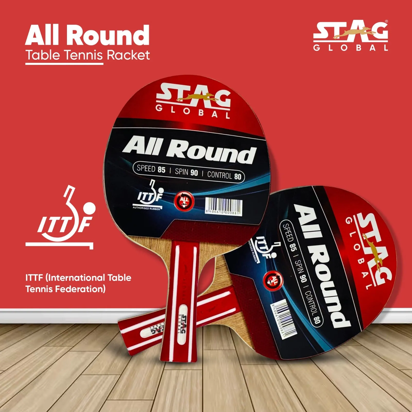 Stag Global All Round Table Tennis Racket – ITTF Approved Rubber | 174g Lightweight Paddle for Control & Spin