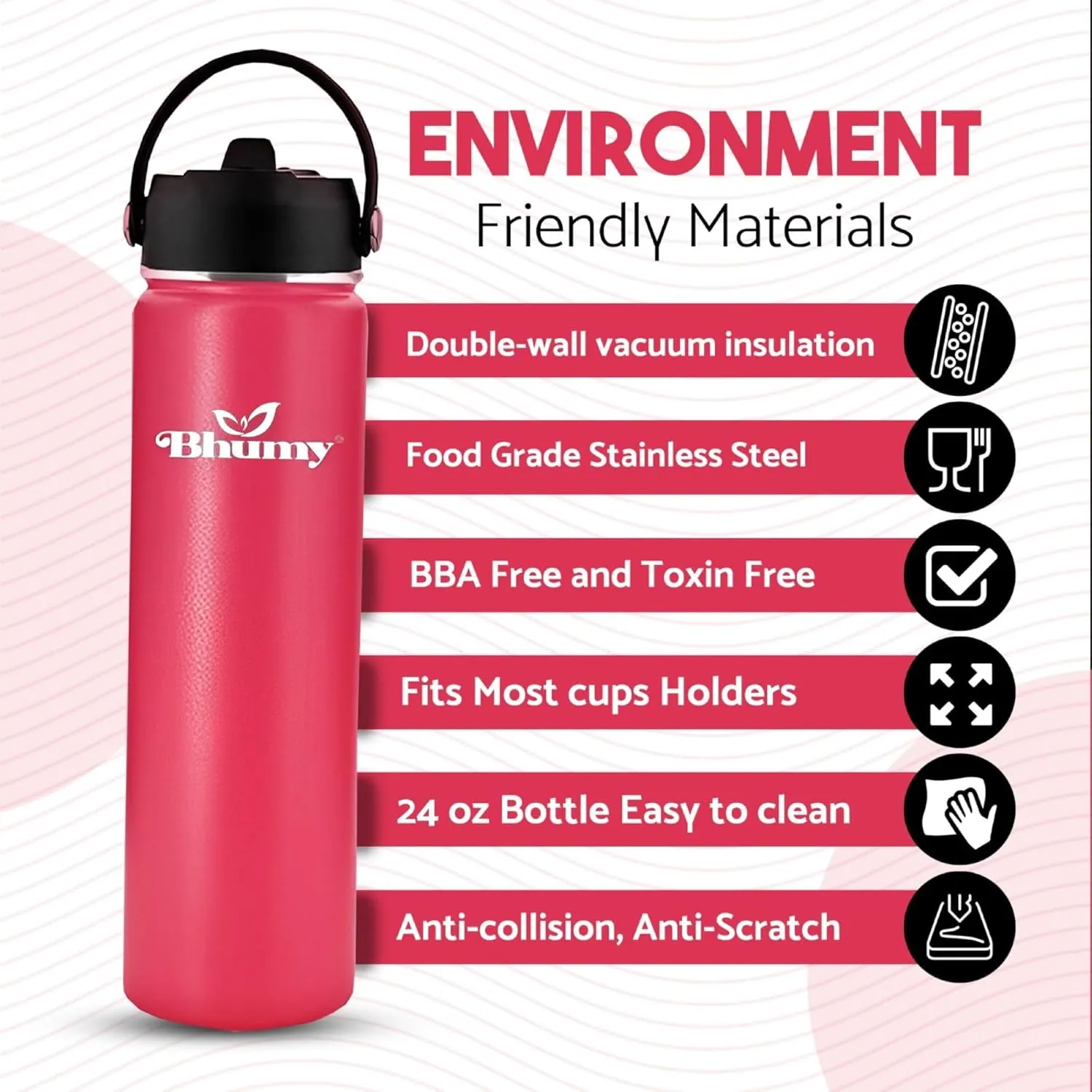 Stainless Steel 24oz Double Wall Vacuum Insulated Water Bottle with Straw and 2 Leakproof Caps - Sports Water Bottle for Gym, Office, Travel