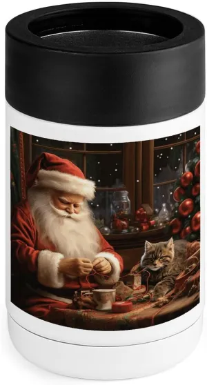 Stainless Steel Cooler, Christmas Santa Claus Sewing Tree Cat Print Multipurpose Beverage Chiller with Silicone Sleeve for Home, Office, Camping, And Bar