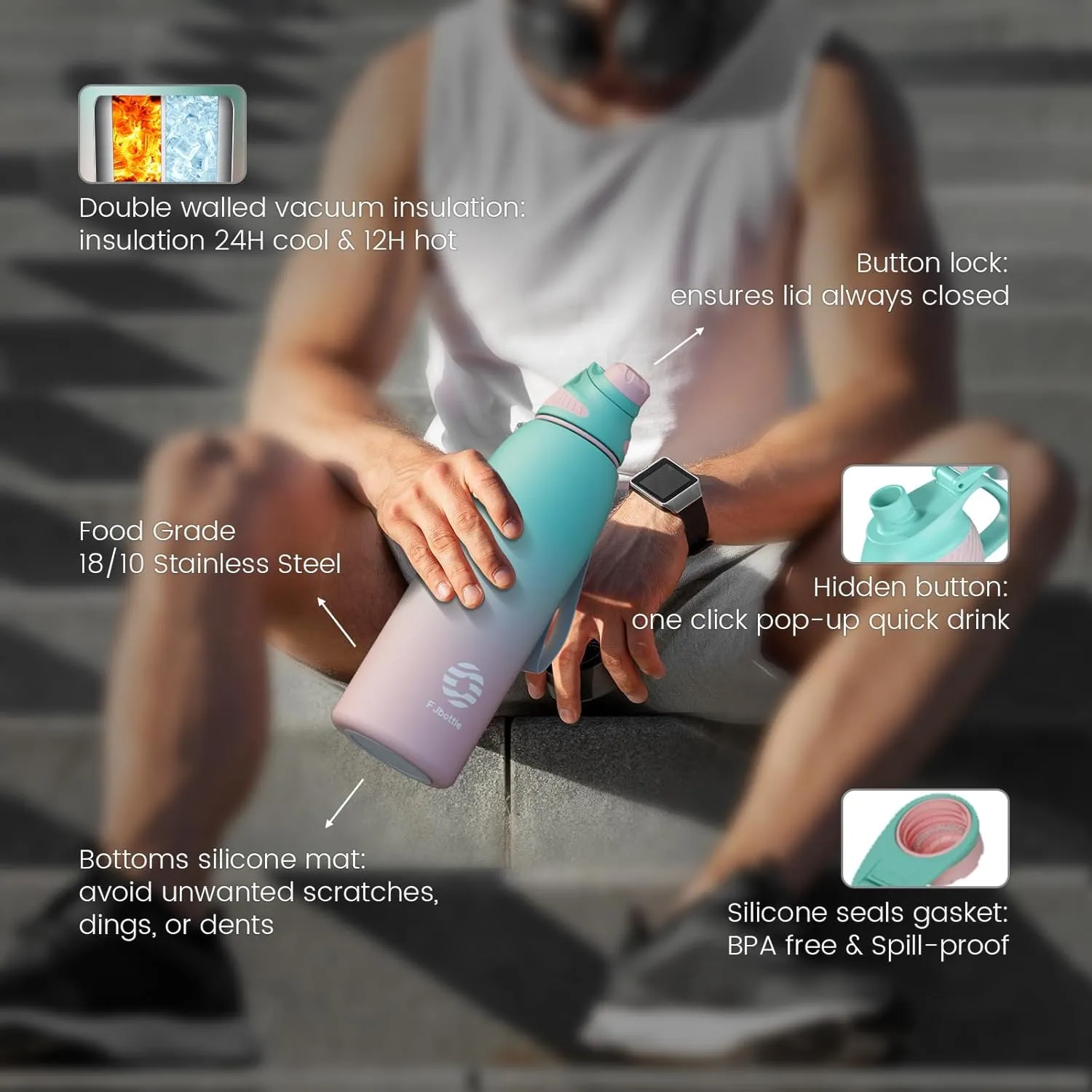 Stainless Steel Insulated Sports Water Bottle 50oz, BPA-Free, Double-Wall Vacuum, Magnetic Cap, No Straw, Cup Brush Included - Ideal Thermos for School, Fitness, and Outdoor Activities