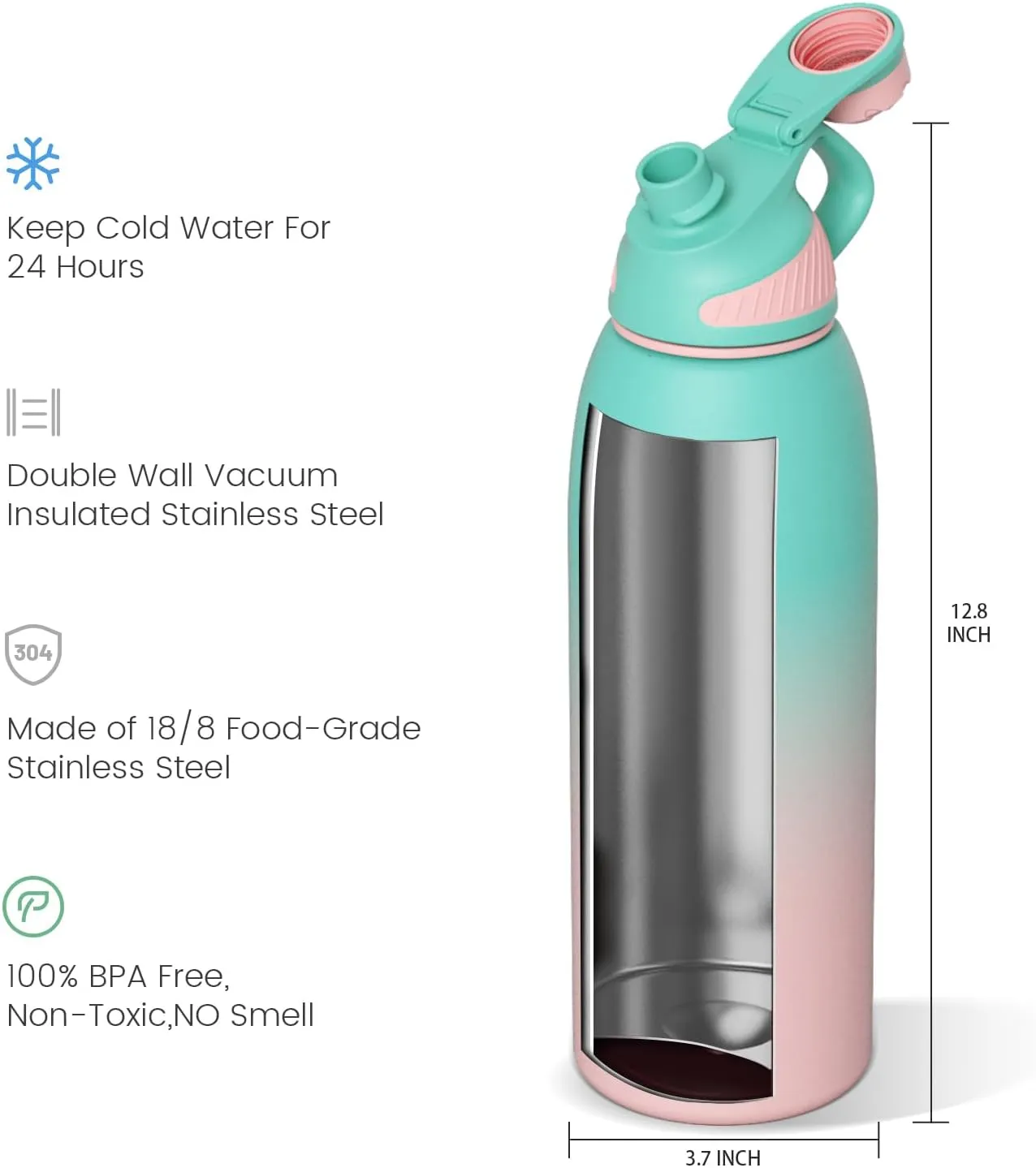 Stainless Steel Insulated Sports Water Bottle 50oz, BPA-Free, Double-Wall Vacuum, Magnetic Cap, No Straw, Cup Brush Included - Ideal Thermos for School, Fitness, and Outdoor Activities