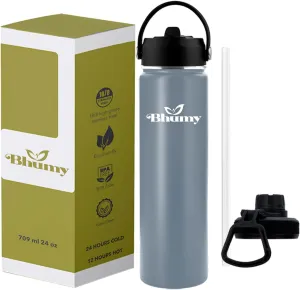 Stainless Steel Water Bottle – 24oz Double Wall Stainless Steel Insulated Water Bottle – Water Bottle with Straw and 2 Caps – Leakproof Sports Water Bottle for Gym, Office, Travel