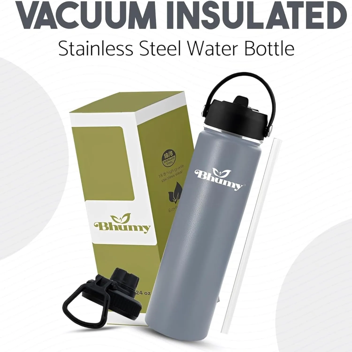 Stainless Steel Water Bottle – 24oz Double Wall Stainless Steel Insulated Water Bottle – Water Bottle with Straw and 2 Caps – Leakproof Sports Water Bottle for Gym, Office, Travel