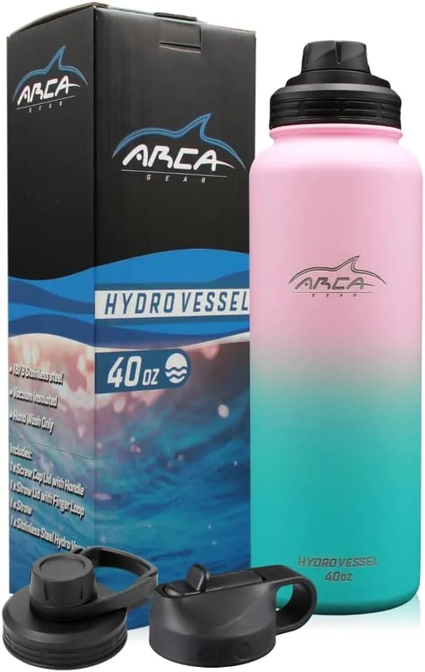 Stainless Steel Water Bottle With 2 Lids (Straw & Sport) - Sport Bottles for Men, Women & Kids - Double Walled, Insulated Thermos (Ombre - Pink & Green, 40 oz)