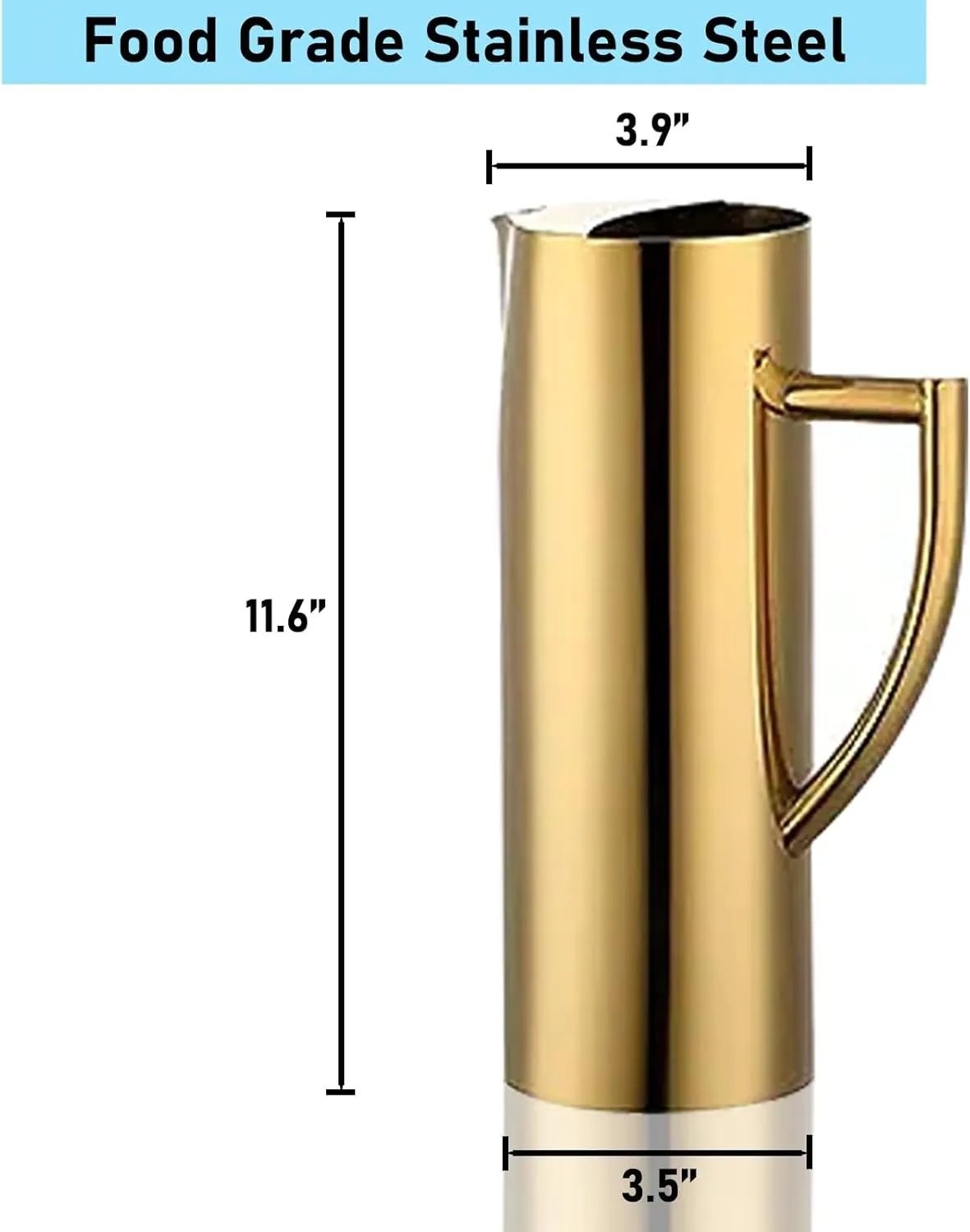 Stainless Steel Water Pitcher 60oz Flat Mouth Water Jug with Ice Guard Polished Water Carafe Gold
