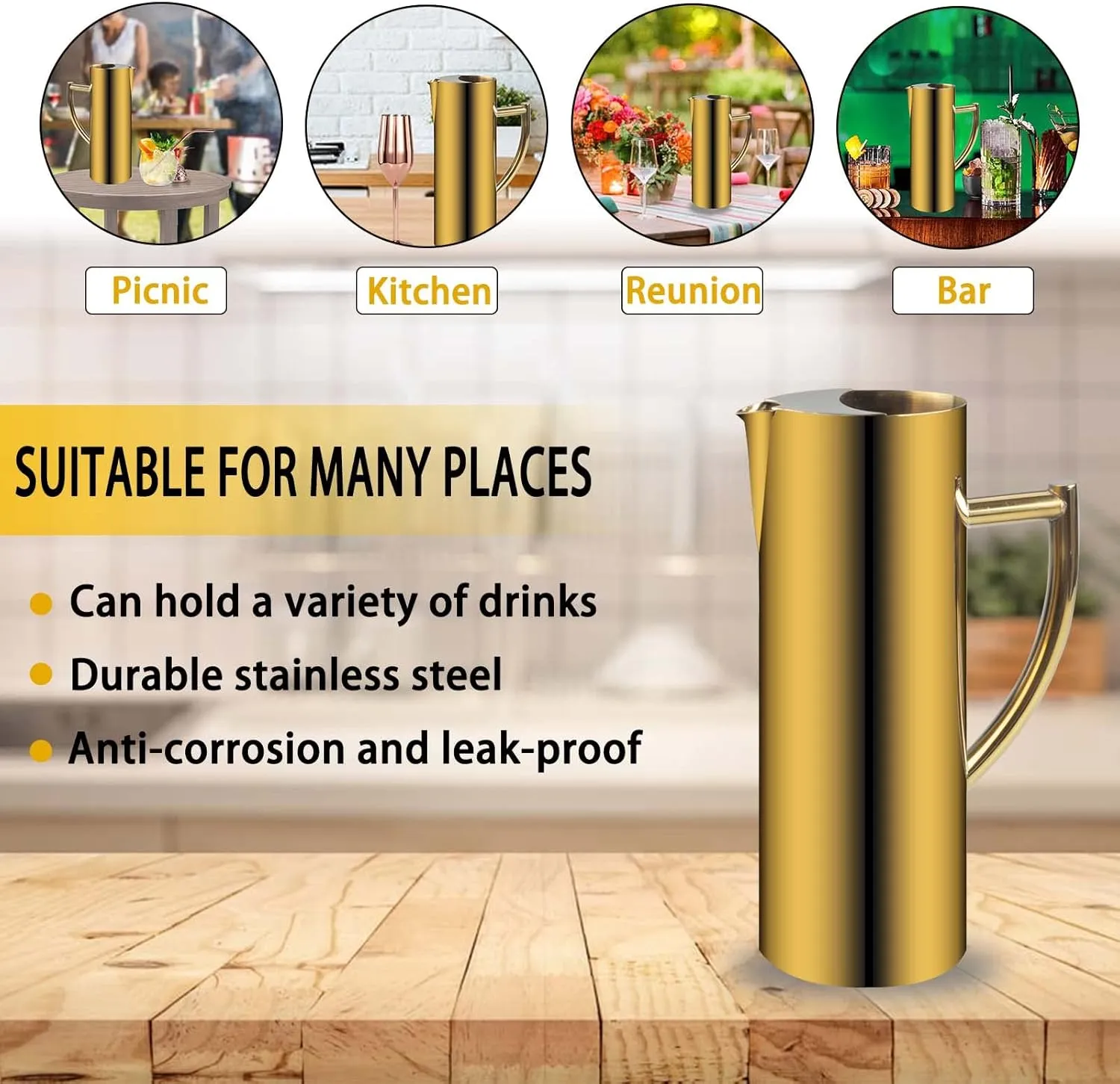 Stainless Steel Water Pitcher 60oz Flat Mouth Water Jug with Ice Guard Polished Water Carafe Gold
