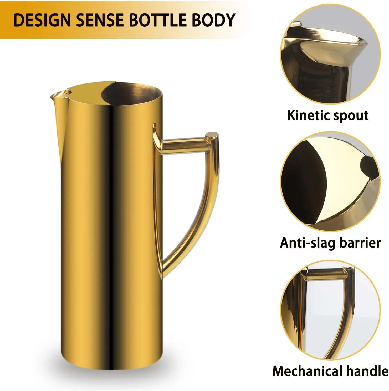 Stainless Steel Water Pitcher 60oz Flat Mouth Water Jug with Ice Guard Polished Water Carafe Gold