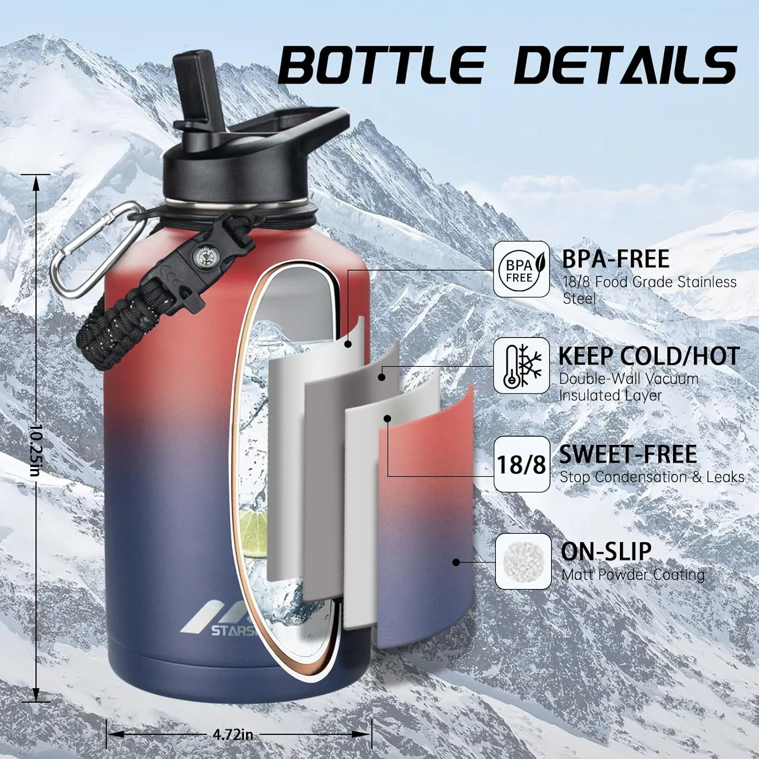 StarSpeed 64oz Insulated Water Bottle with Straws & 2 Lids, Half Gallon Stainless Steel Double Walled Vacuum Water Jug, Large Wide Mouth with Paracord Handle for Gym Camping Hiking, Red Blue