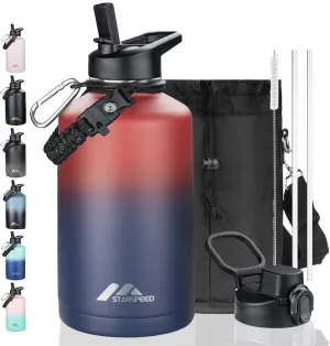 StarSpeed 64oz Insulated Water Bottle with Straws & 2 Lids, Half Gallon Stainless Steel Double Walled Vacuum Water Jug, Large Wide Mouth with Paracord Handle for Gym Camping Hiking, Red Blue