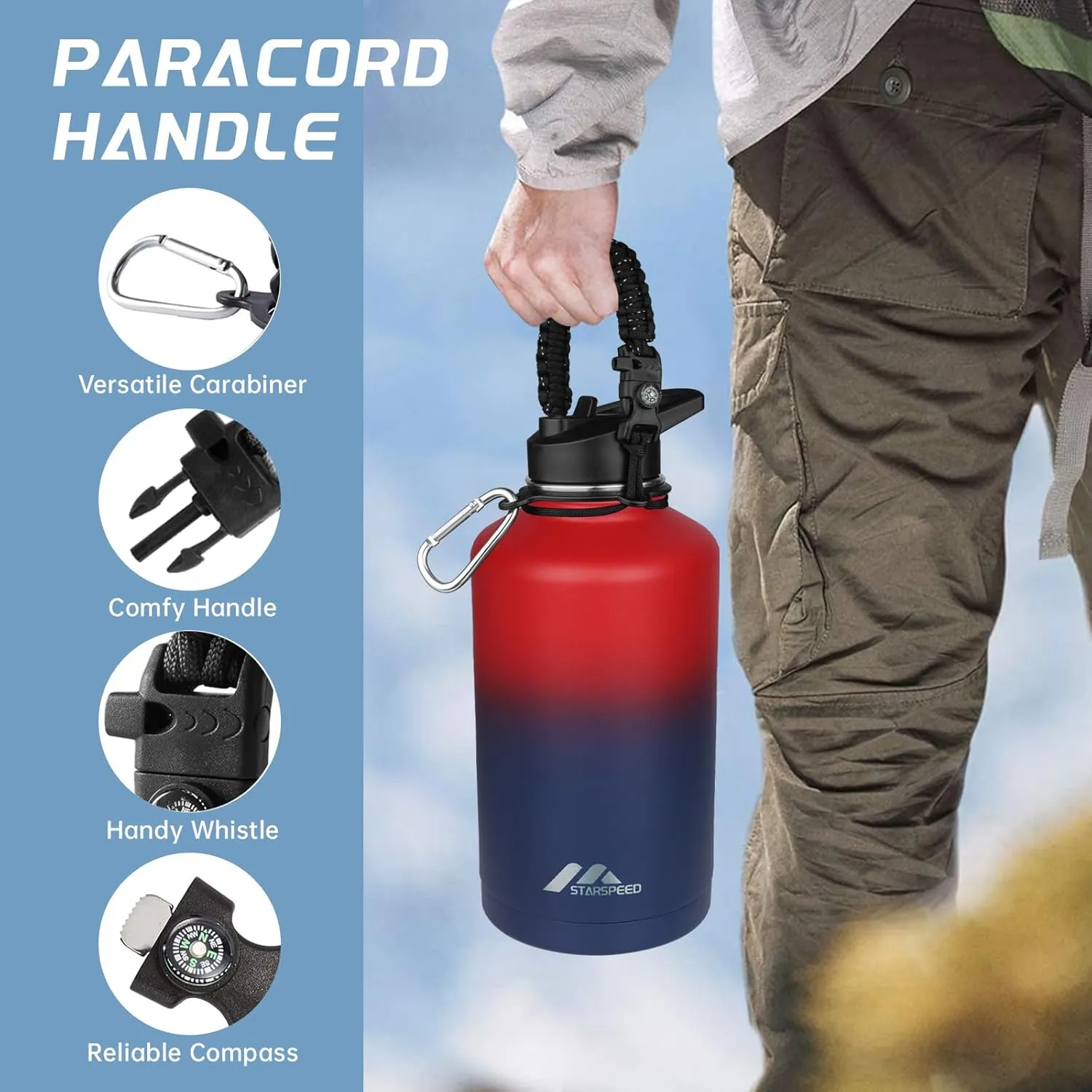 StarSpeed 64oz Insulated Water Bottle with Straws & 2 Lids, Half Gallon Stainless Steel Double Walled Vacuum Water Jug, Large Wide Mouth with Paracord Handle for Gym Camping Hiking, Red Blue