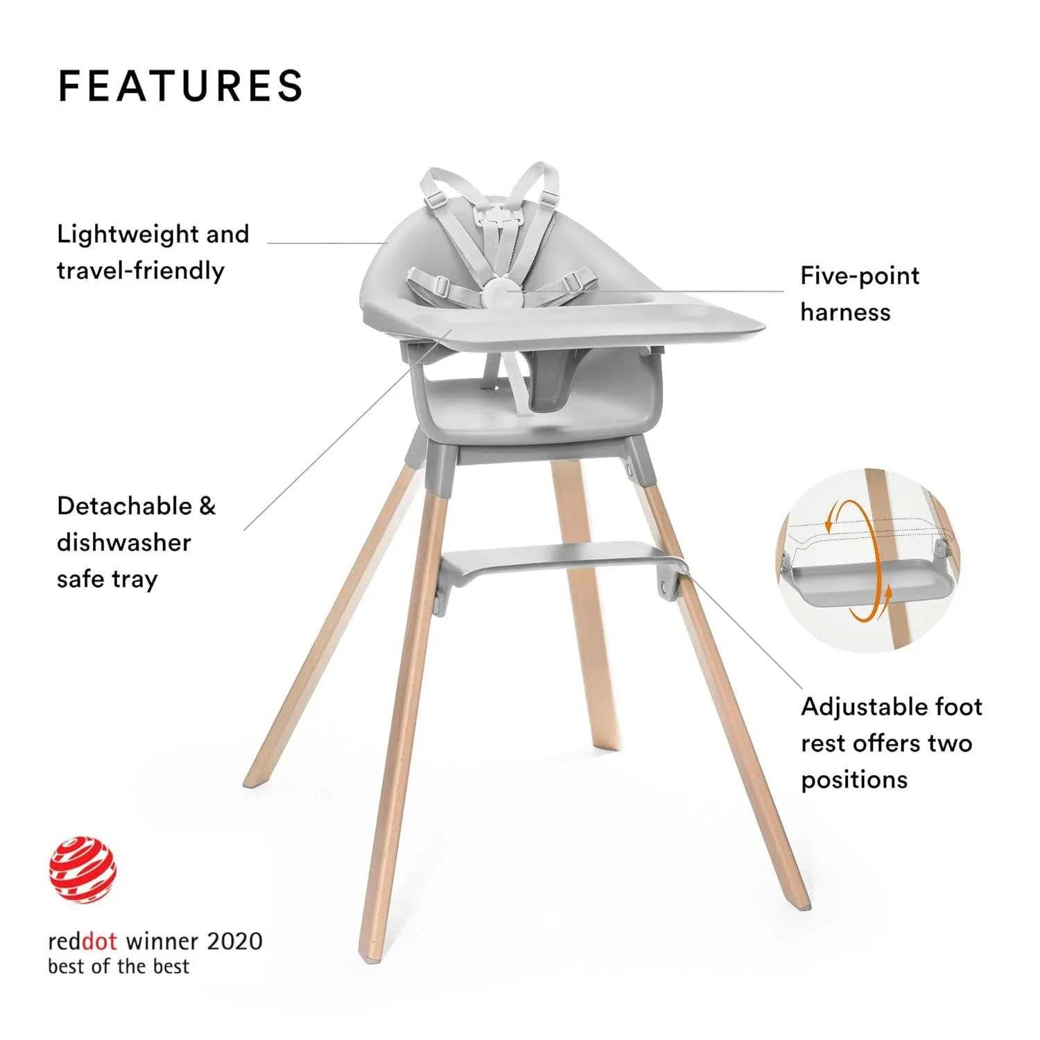 Stokke Clikk High Chair, Cloud Grey - All-in-One High Chair with Tray   Harness - Light, Durable & Travel Friendly - Ergonomic with Adjustable Features - Best for 6-36 Months or Up to 33 lbs
