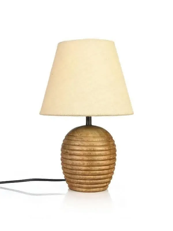 Striped Wooden Brown Lamp With White Jute Shade