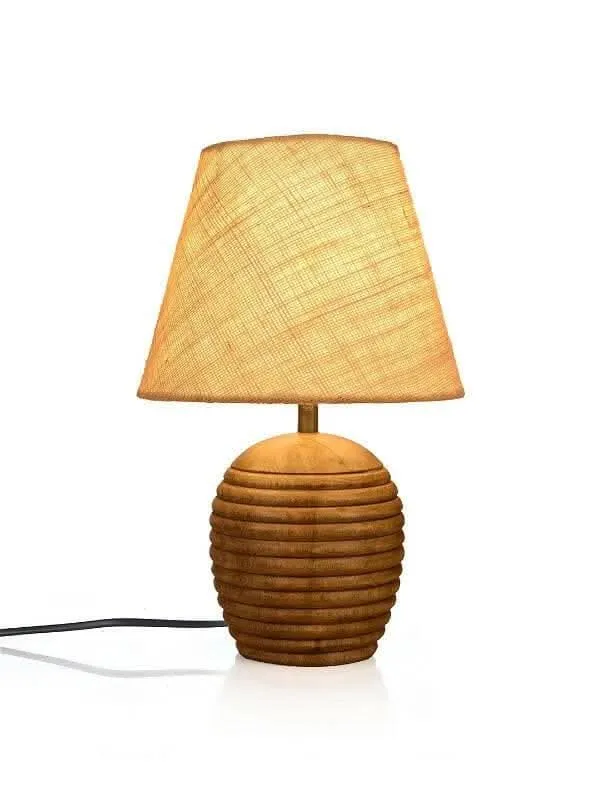 Striped Wooden Brown Lamp With White Jute Shade