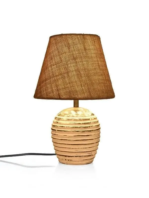 Striped Wooden White Lamp With Brown Jute Shade