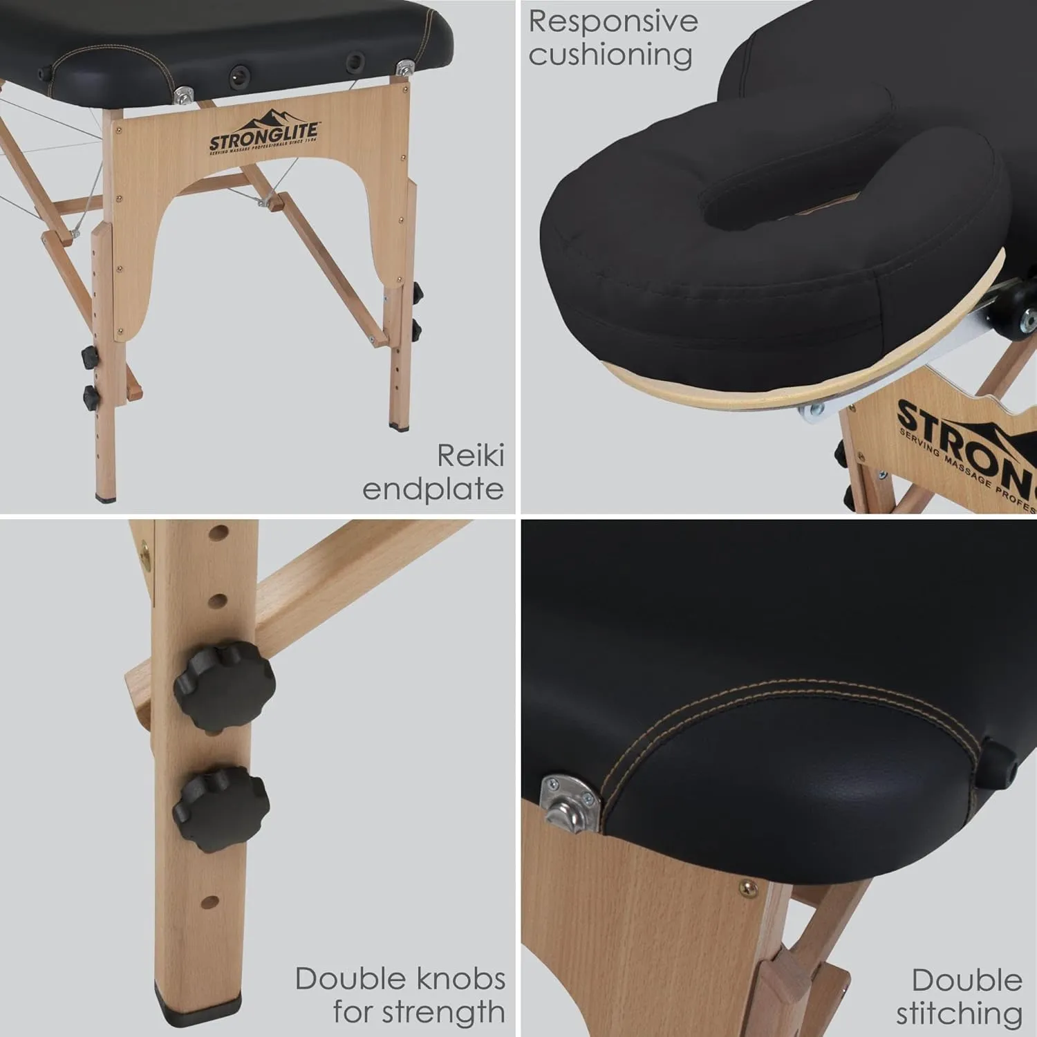 STRONGLITE Portable Massage Table Package Olympia - All-In-One Treatment Table w/ Adjustable Face Cradle, Pillow, Half Round Bolster & Carrying Case, Black