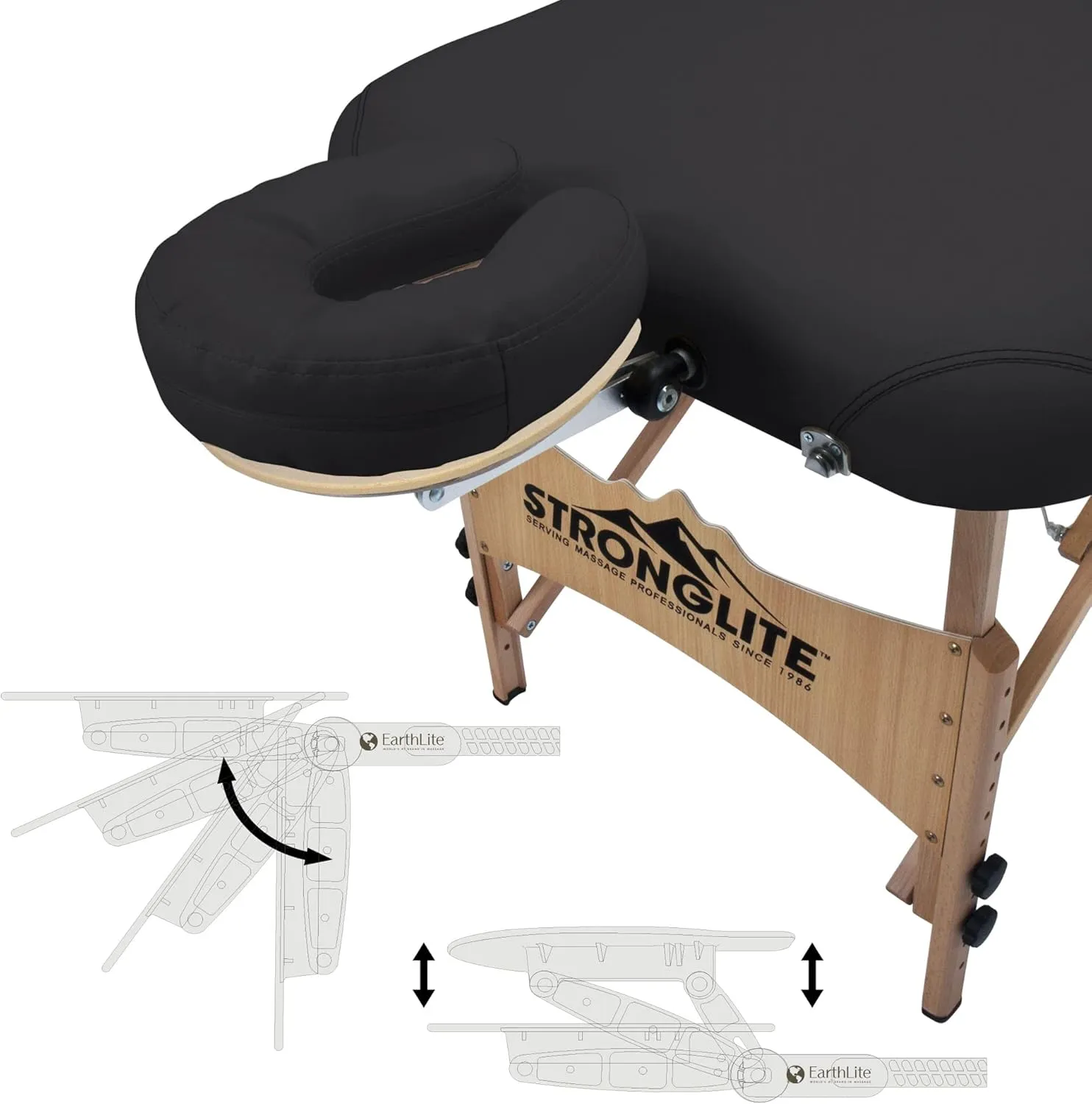 STRONGLITE Portable Massage Table Package Olympia - All-In-One Treatment Table w/ Adjustable Face Cradle, Pillow, Half Round Bolster & Carrying Case, Black