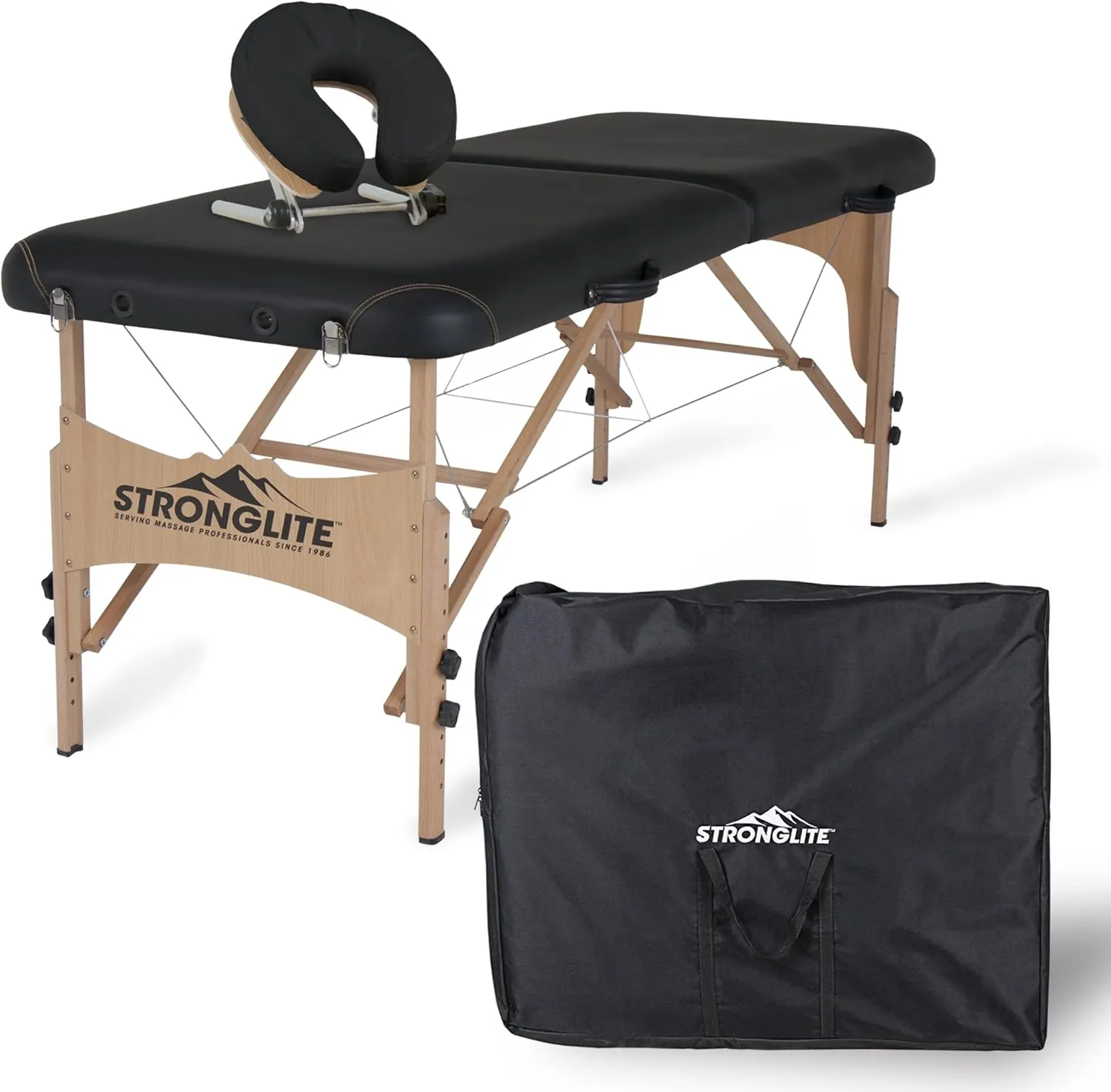 STRONGLITE Portable Massage Table Package Shasta - All-In-One Treatment Bed w/ Adjustable Face Cradle, Pillow & Carrying Case, Black