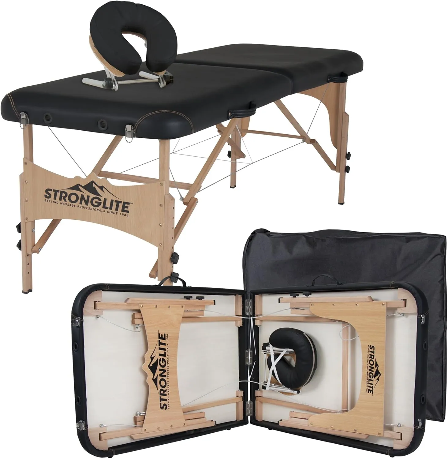 STRONGLITE Portable Massage Table Package Shasta - All-In-One Treatment Bed w/ Adjustable Face Cradle, Pillow & Carrying Case, Black