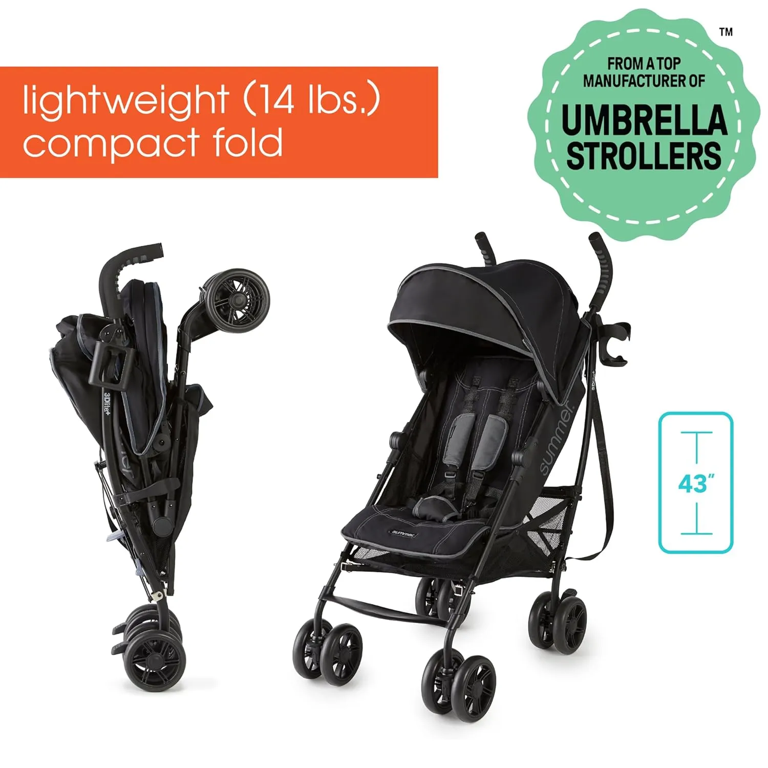 Summer Infant 3Dlite  Convenience Stroller, Lightweight Umbrella Stroller with Oversized Canopy, Extra-Large Storage and Compact Fold, Black