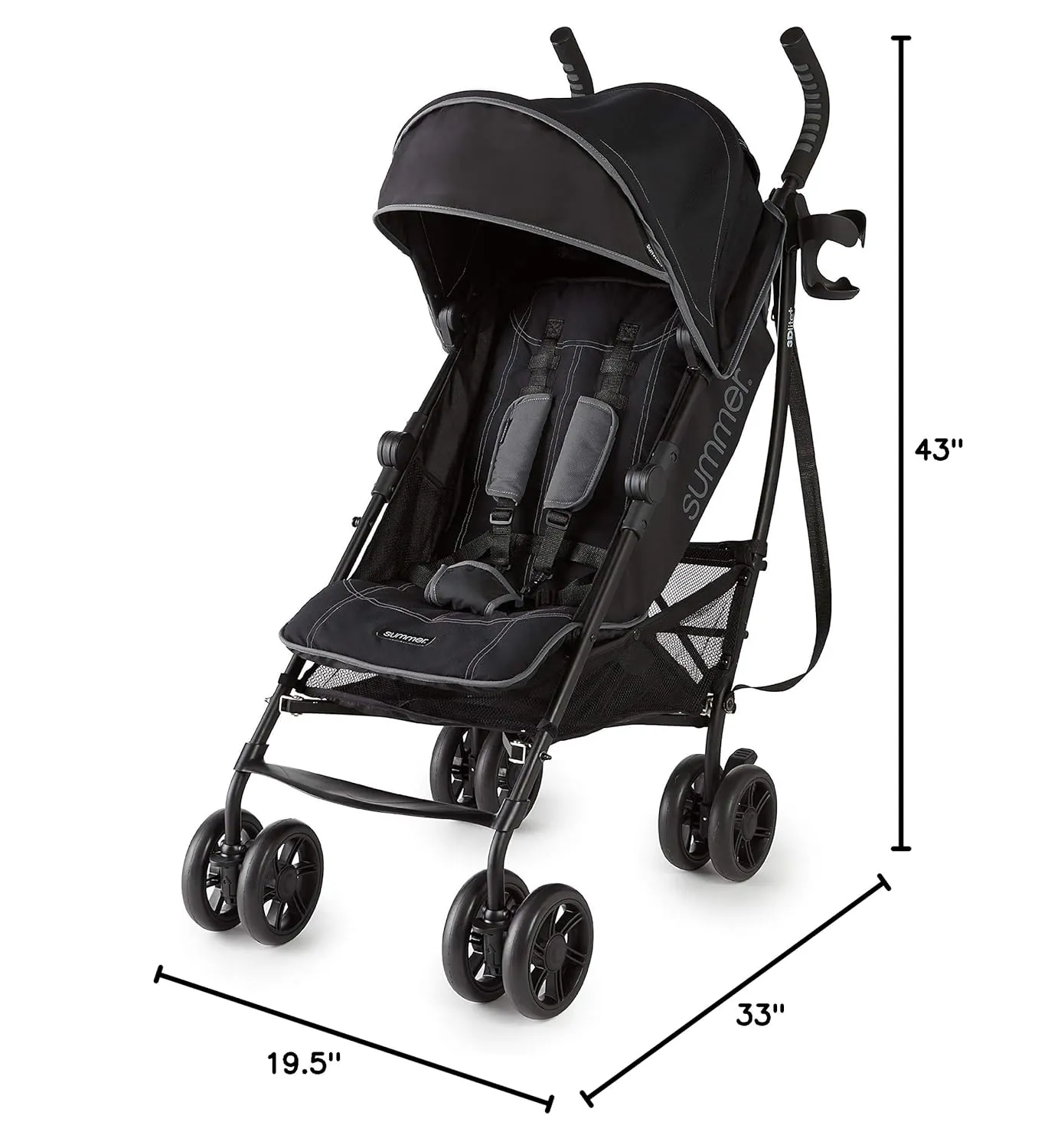 Summer Infant 3Dlite  Convenience Stroller, Lightweight Umbrella Stroller with Oversized Canopy, Extra-Large Storage and Compact Fold, Black